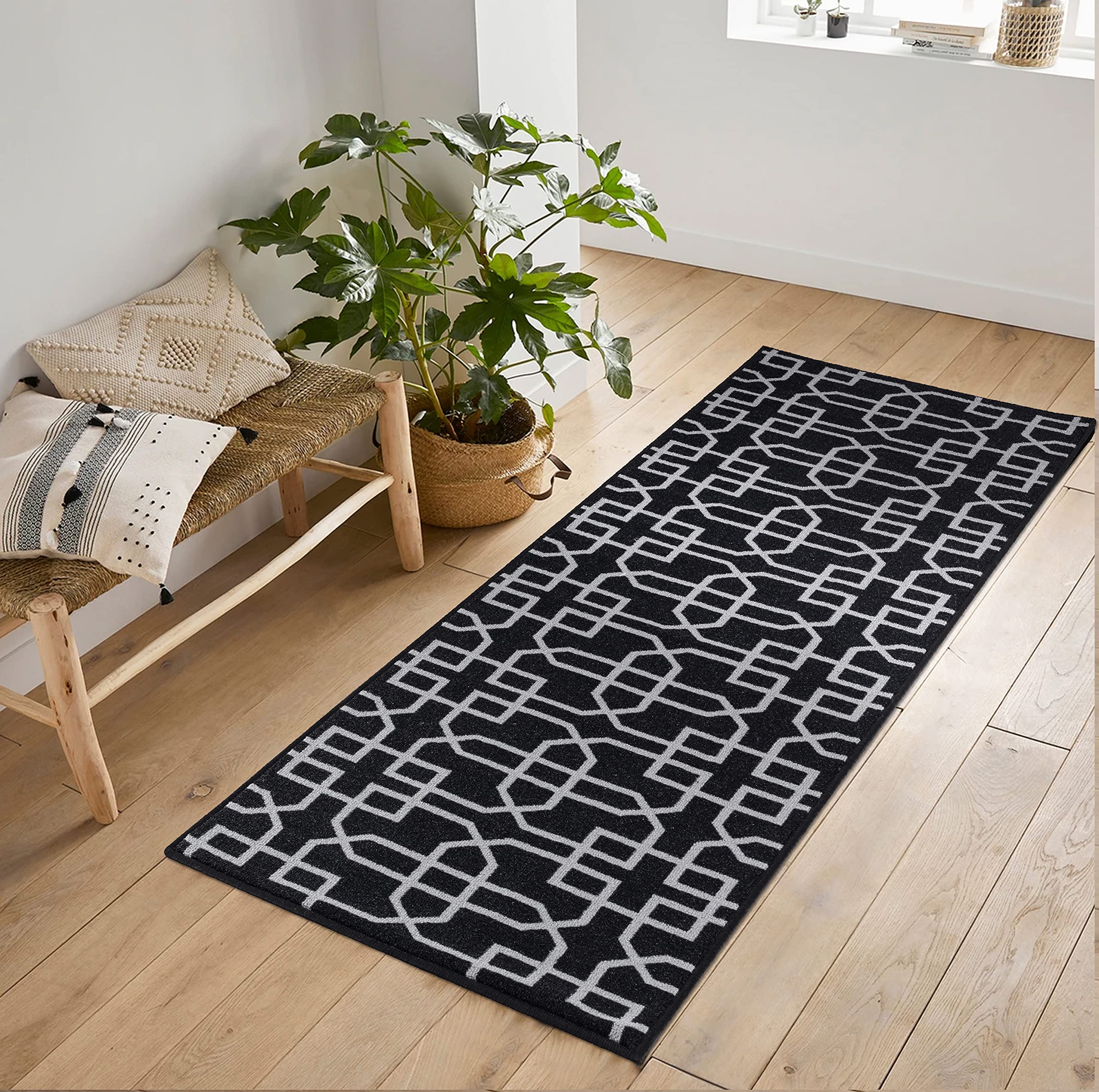 Machine Washable Cubed Trellis Design Anti Slip Doormats Black 80X300 Cm from B&Q