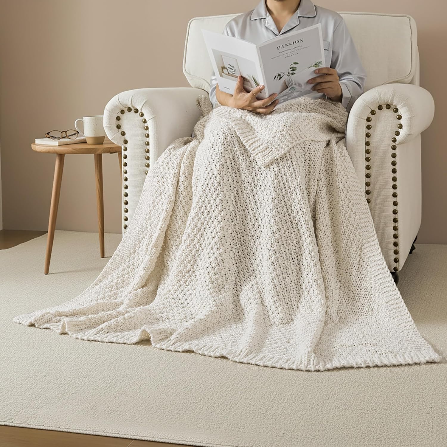 WDCOZY Chunky Cable Knit Throw Blanket Super Soft Warm Knitted Throw Blanket for Couch, Sofa, Chair, Bed Lightweight Breathable Cozy Comfortable Home Decorative Ivory Cream White 50x60 Inches - Image 2