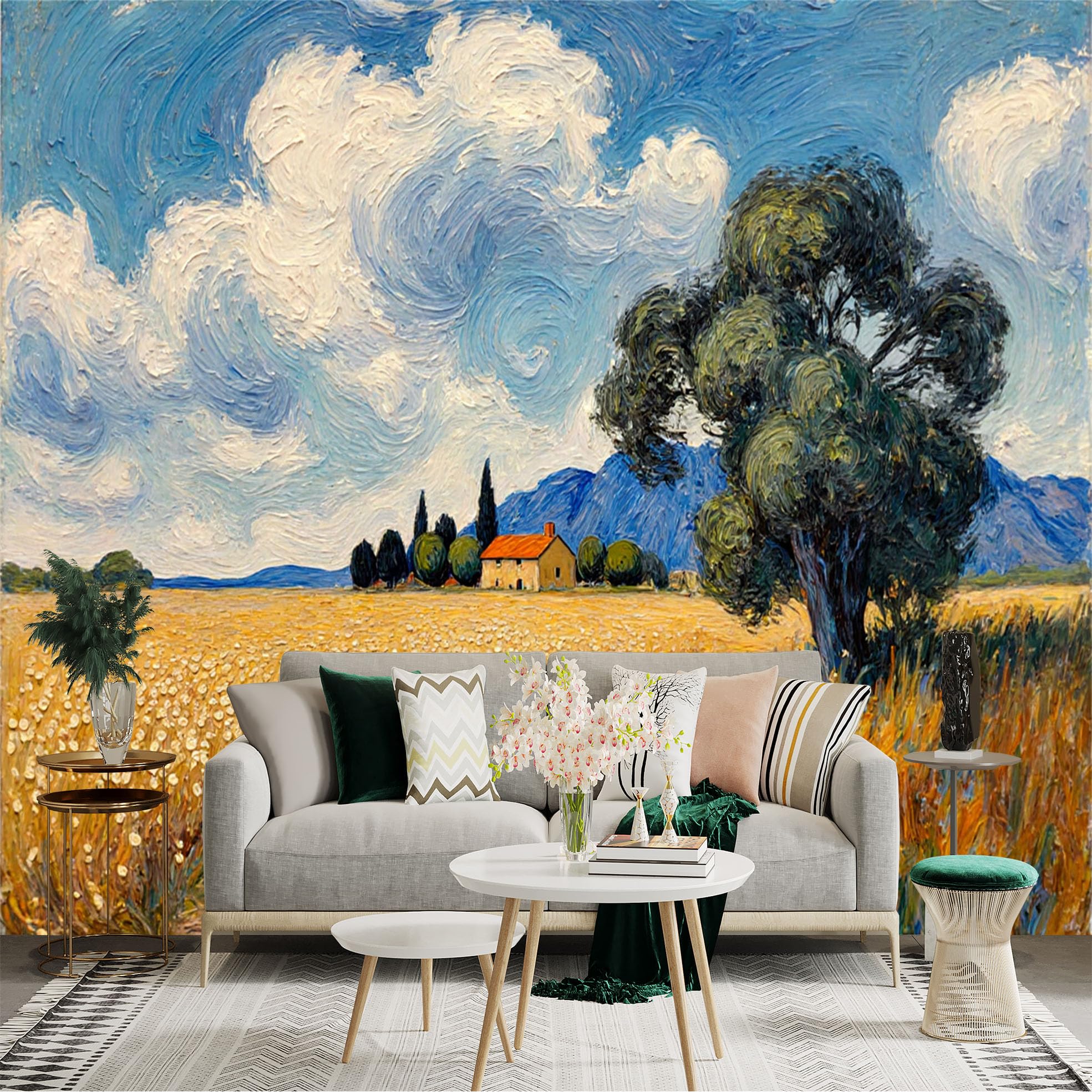 Custom Size Wall Sticker Mural， Countryside Landscape with Wheat Field， Blue Sky and Mountains， for wall Decoration， peelandstick wall Decals.