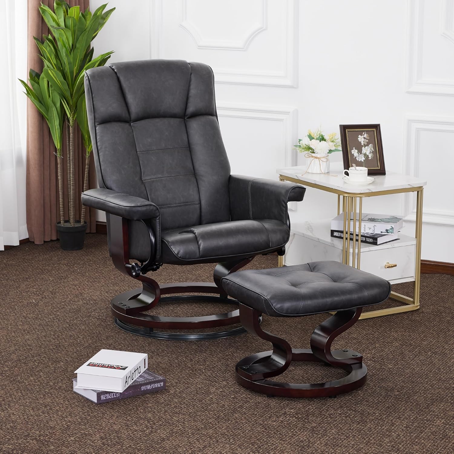 MCombo Manual Swivel Recliner with Ottoman, Chair Ottoman Set for RV Small Spaces, Living Room, Bedroom, Office 9019 4919 (Faux Leather, Dark Grey)