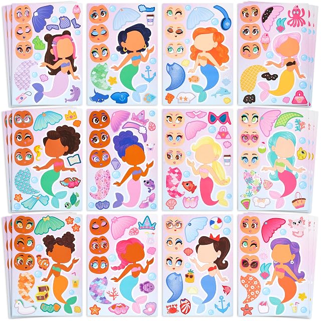 JOYIN 36 Pcs de Caras Adhesivas, Haz Tu Propio Sirena y Combina Animales en Hojas Adhesivas, Regalos de Cumpleaños y Fiestas para Niños 3+(Sirena)