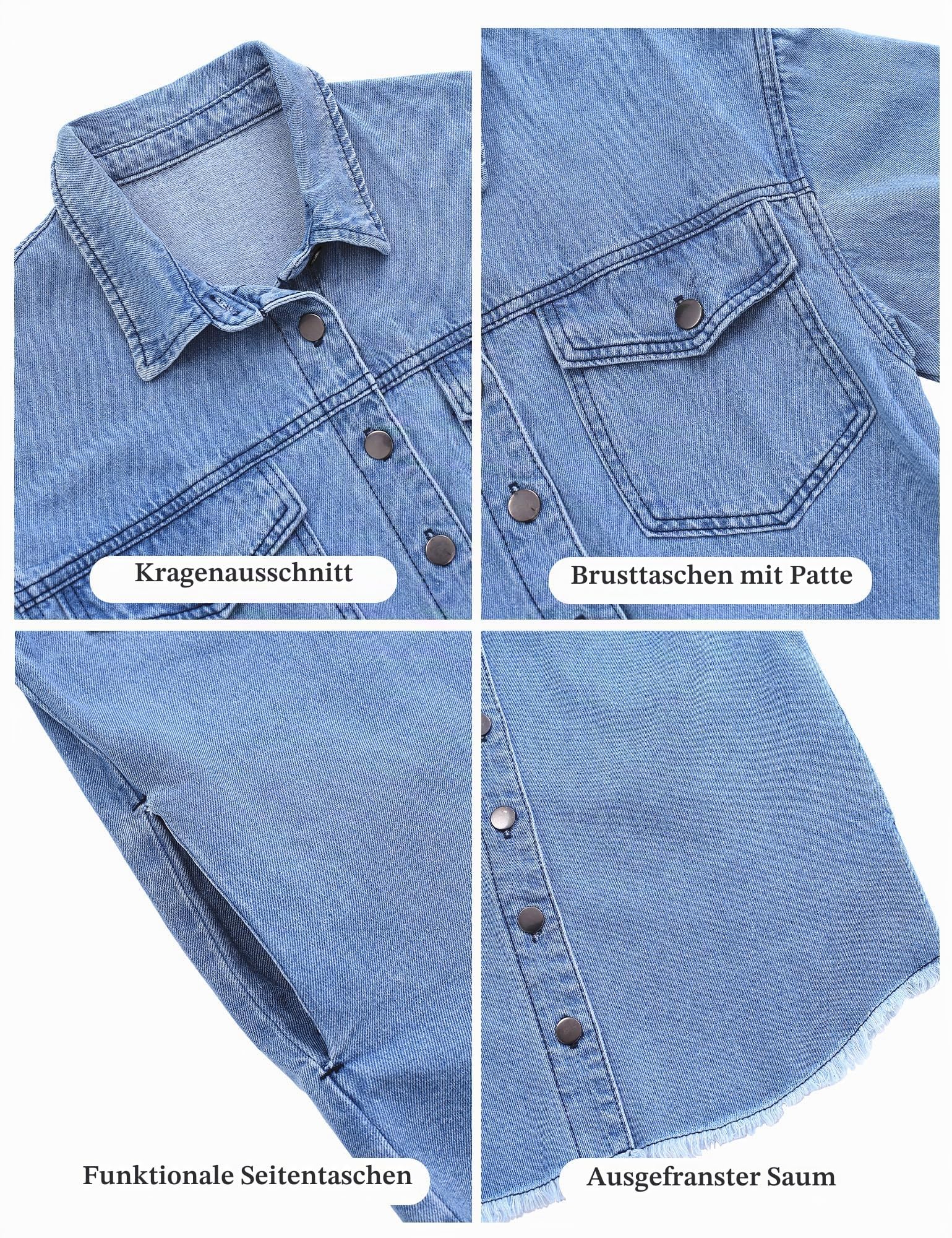 Roskiky Jacke Damen Oversized Button Up Frayed Hem Shacket Langarm Taschen Denim Jean Jacket