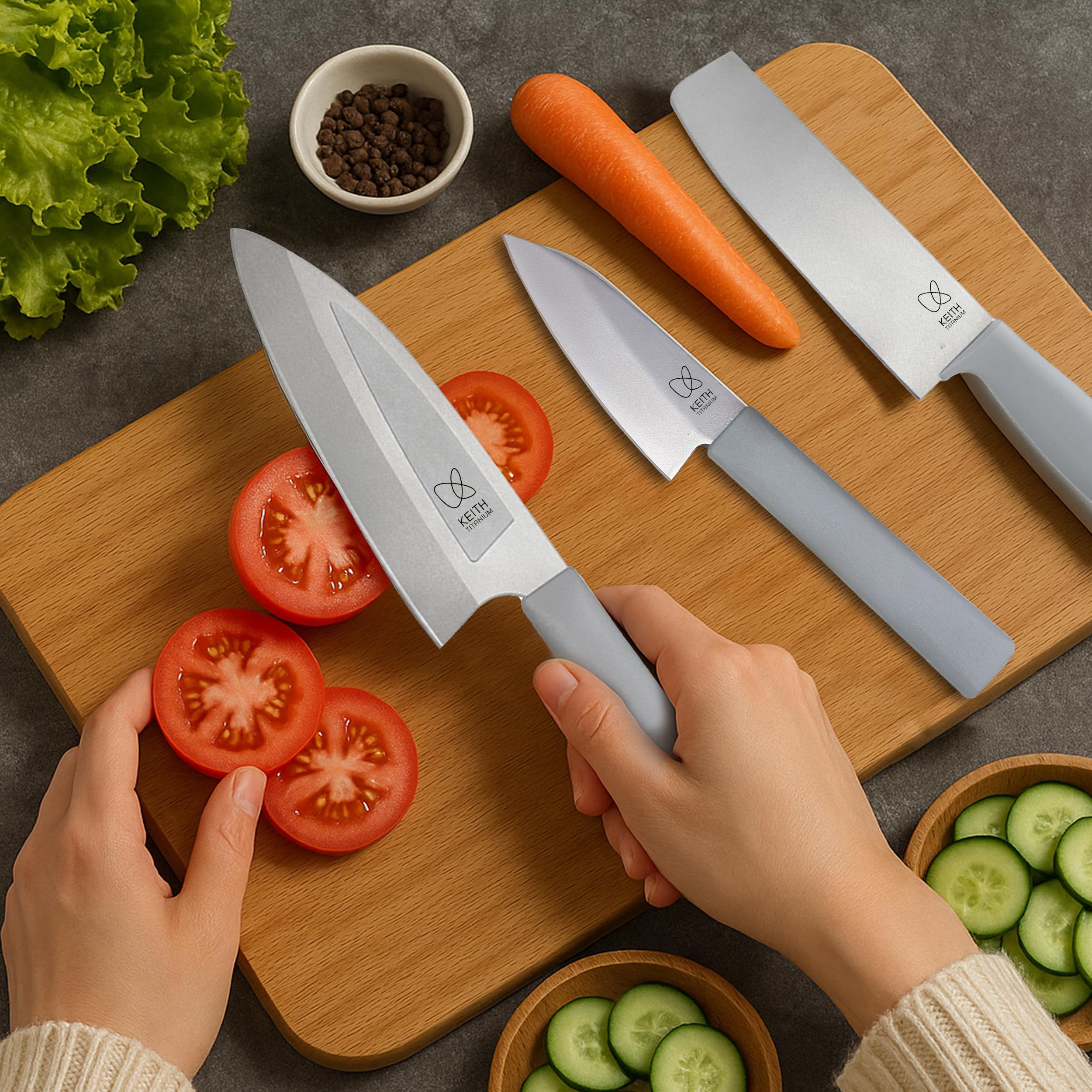 Keith Cuchillo de Cocina de Titanio con Funda, Ti8742 – Cuchillo Multiusos Portátil para Cortes Precisos de Verduras, Frutas y Carne, Resistente, Ideal para Cocina, Senderismo y Camping (28,2x5,1 cm)