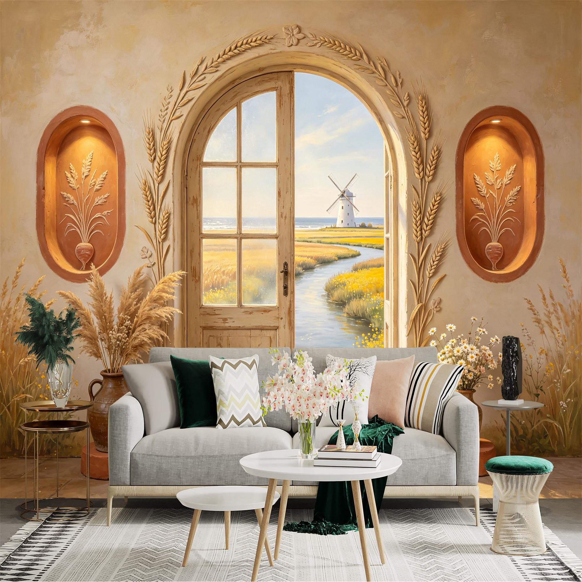 Custom Size Wall Sticker Mural， Rustic Arch Doorway， Countryside Windmill， Wheat Field Landscape， for wall Decoration， peelandstick wall Decals.