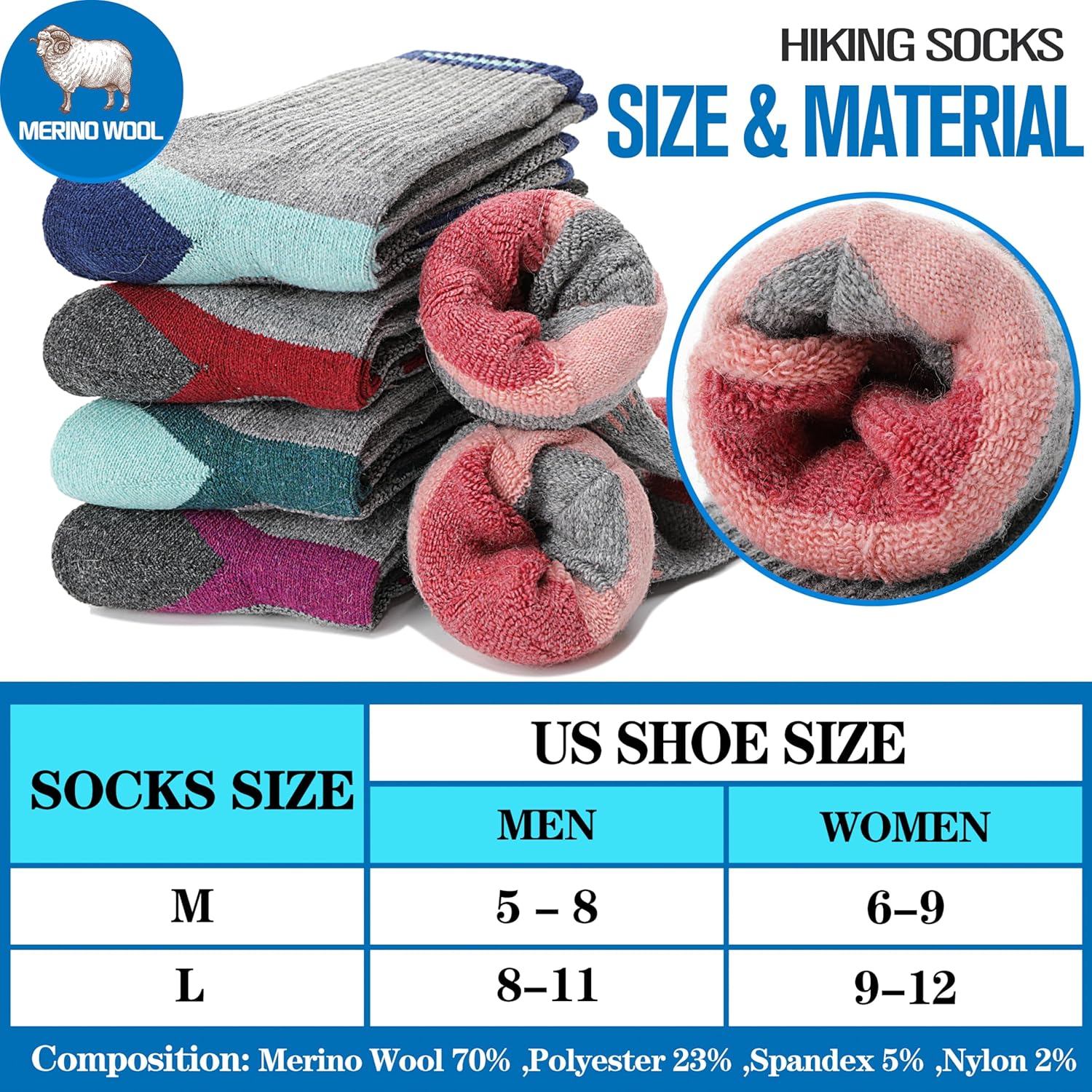 5 Pairs Merino Wool Hiking Socks Warm Thermal Winter Cozy Cushioned Moisture Wicking Socks for Women & Men - Image 5