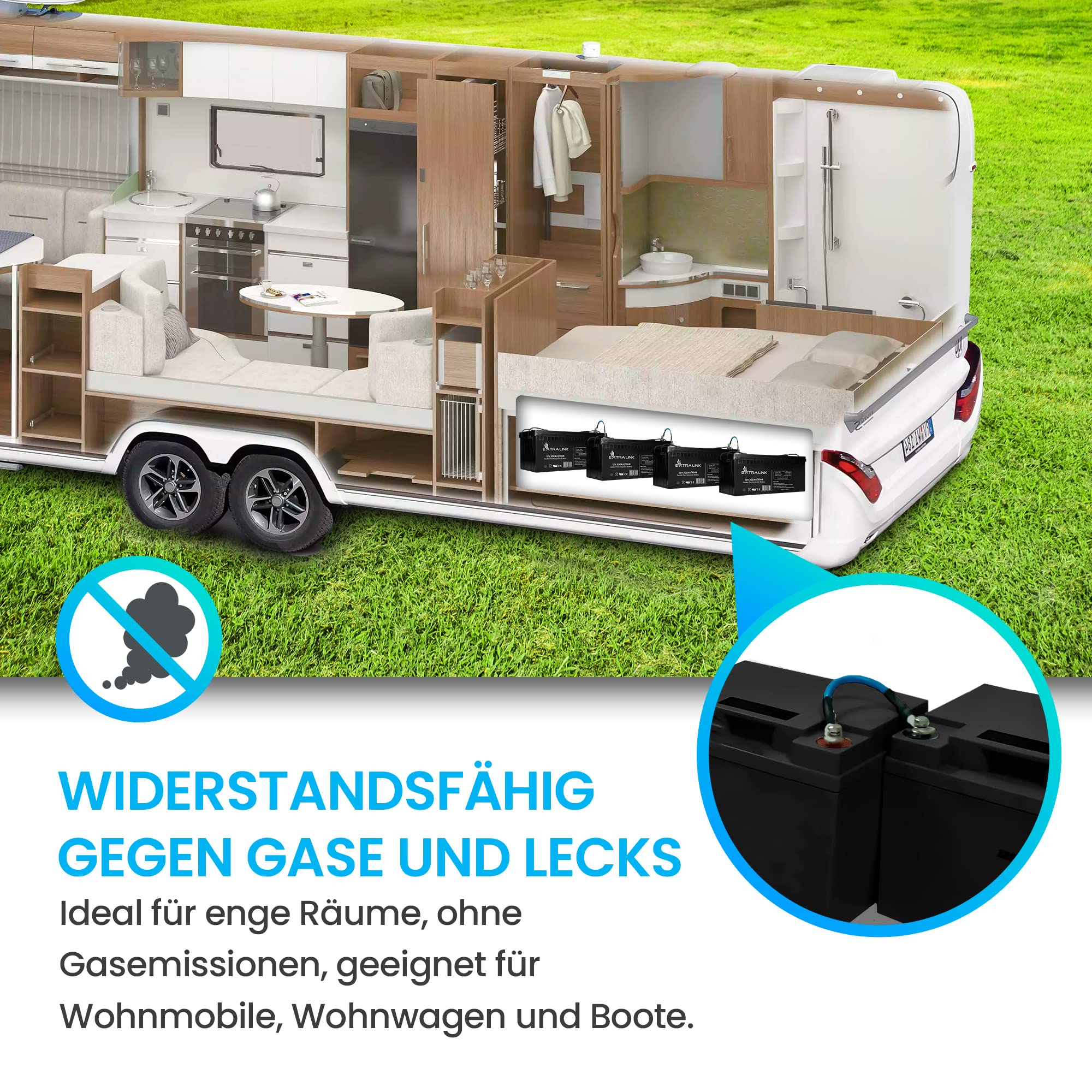 Extralink AGM Batterie 12V 200Ah – wartungsfrei, auslaufsicher, Deep Cycle – langlebige Versorgungsbatterie für Photovoltaik, Wohnmobil, USV, Inselanlage & Notstromversorgung