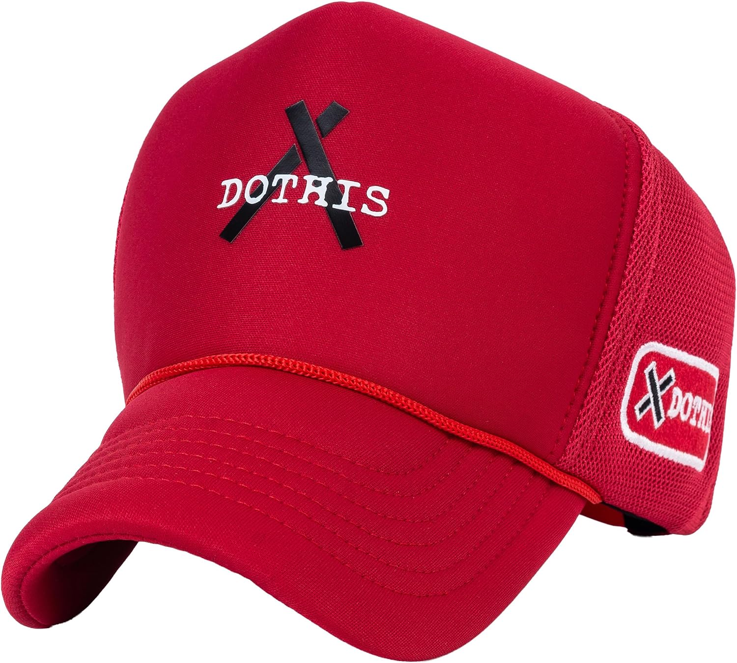 High Crown Trucker Hat, Red Mesh Cap, Adjustable Snapback