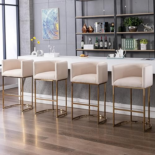 Miniatura 46 de Juego de 4 taburetes de bar contemporáneos de lino color crema, de 32 pulgadas, de tela tapizada, altura de mostrador, taburetes de cocina con base