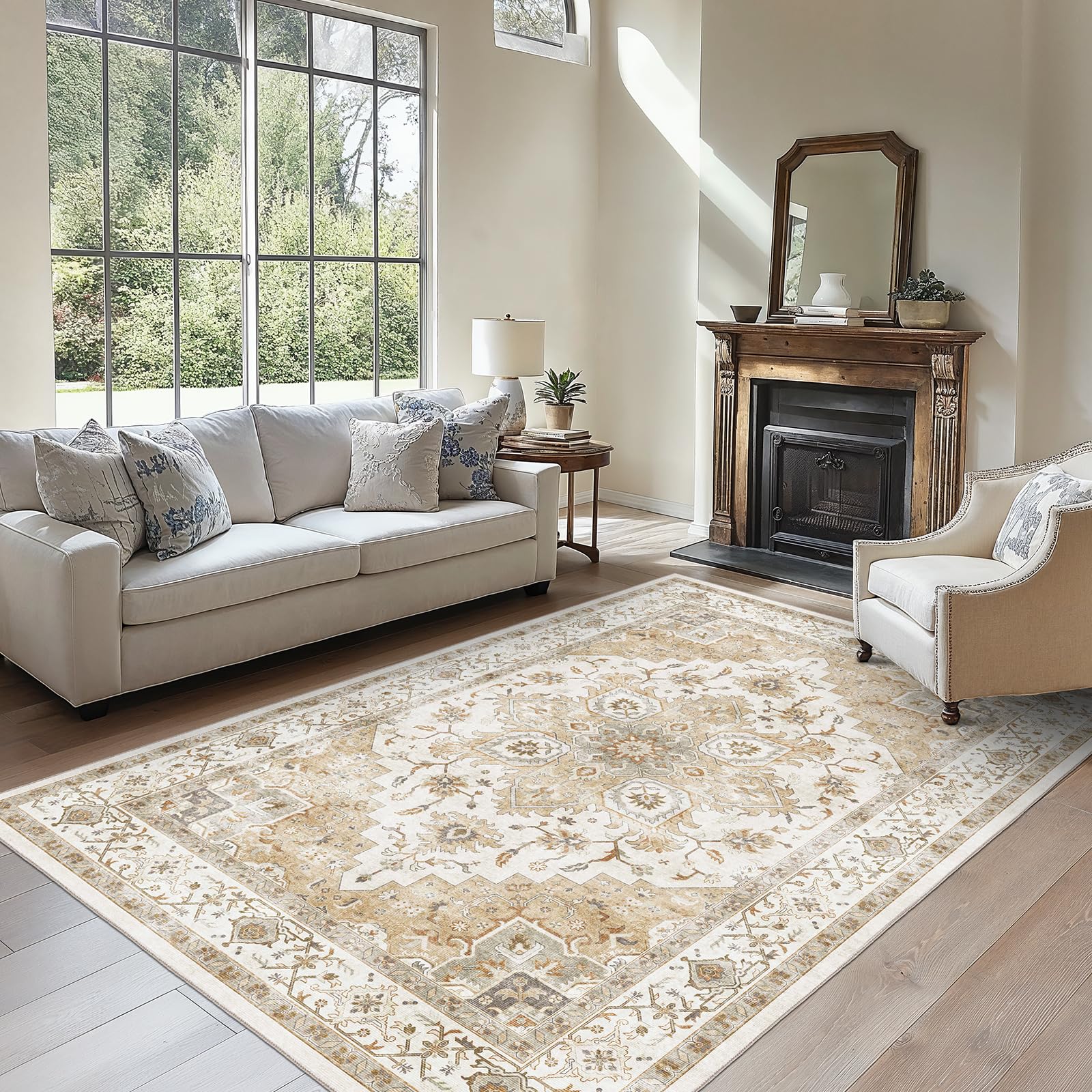 AMADA HOMEFURNISHING 6x9 Area Rugs, Beige Washable Rug Low-Profile with Non-Slip Backing & Durable Edge Binding, Vintage Rugs for Living Room, Bedroom