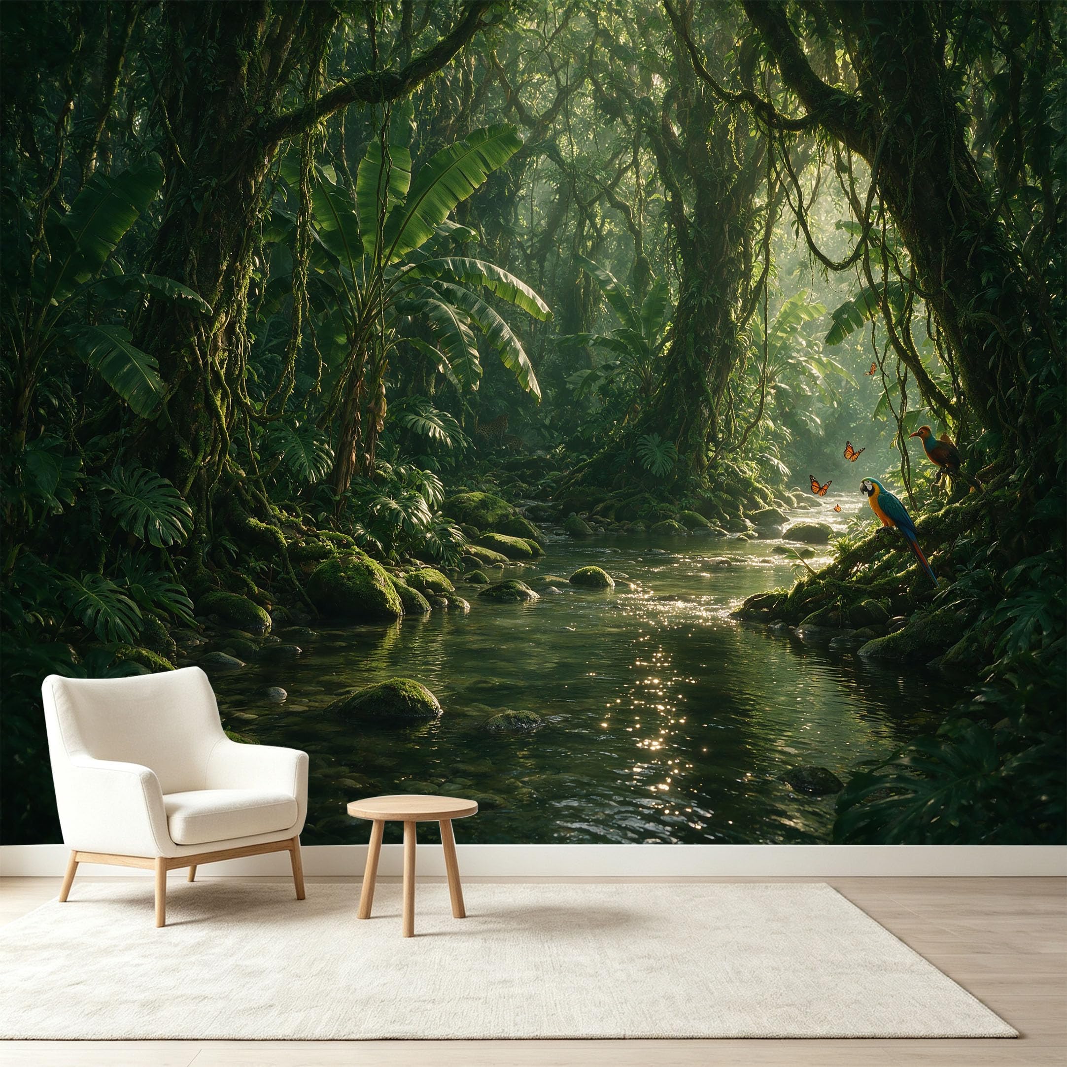 Custom Size Wall Murals Tropical Jungle Rainforest River Macaw Birds Butterflies Self-Adhesive Wall Fabric Removable Wallpaper Wall Decor for Living Room Bedroom Bathroom