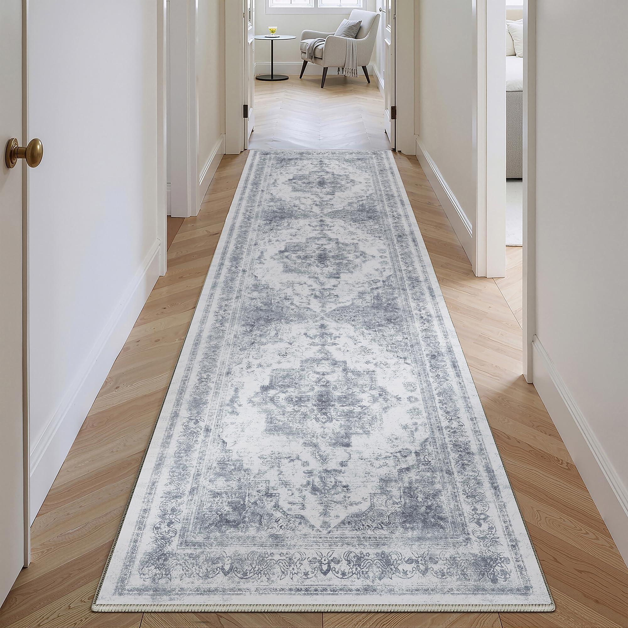 HUGEAR Vintage Blue Hallway Runner Washable Non Slip Rugs Long Area Rug 60x240cm Bedroom Kitchen Lounge Bedside Office Indoor Carpets Low Pile Carpet Runners — image 1