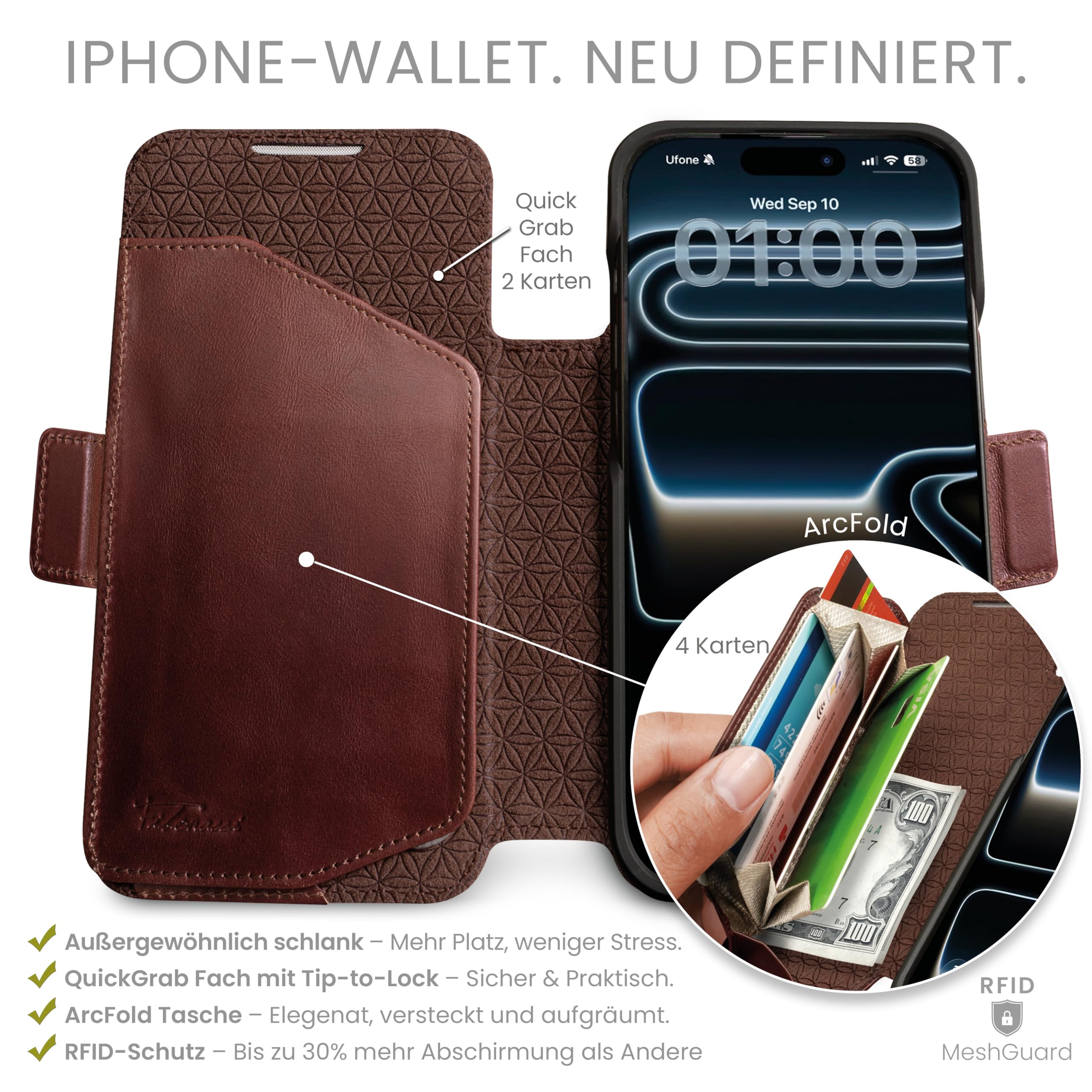 Dreem Lederhülle für iPhone 17 Pro Max - Revolutionärer Ständer & Kartenfach, Abnehmbare Magnetische Hülle, MagSafe-Ready, RFID-Blocker, Wallet-Case aus Echtem Leder, Geschenkbox [Fibonacci:Chestnut]