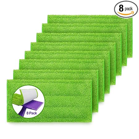 CLEAN PIONEER 8-Packs Reusable Microfiber Mop Pads , Compatible with Swiffer Wet Jet Mops, Washable Microfiber Mop Pads for Wet & Dry Use Mop Pad Refills, Durable and Fitting for HOM. (Green)