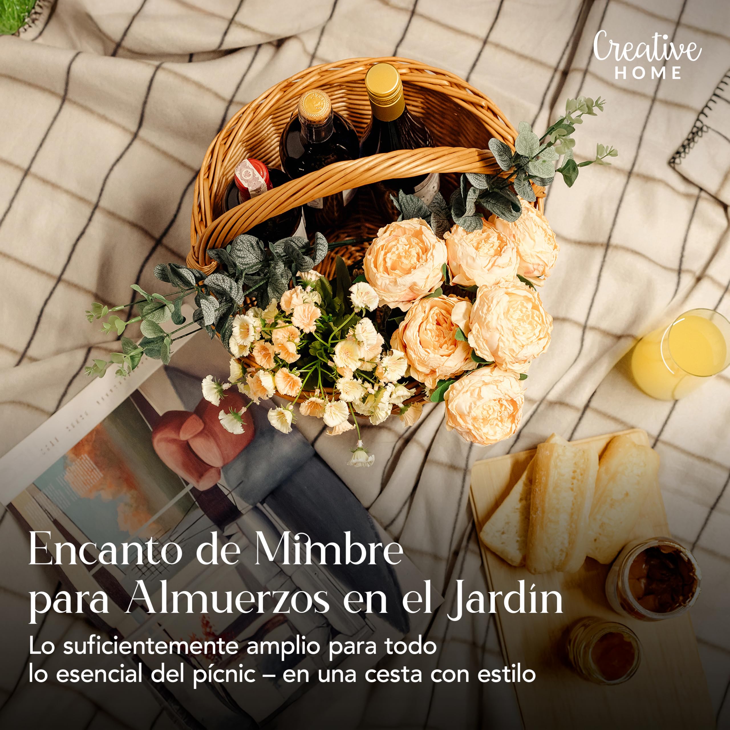 Creative Home Cesta de Mimbre con Asa | Color Marrón Natural 35x35x36cm | (+/-2cm) | Grande y Ligera | Tejida a Mano | Cesta de Regalo, Picnic, Fruta Almacenaje Decoración | Práctica y Duradera