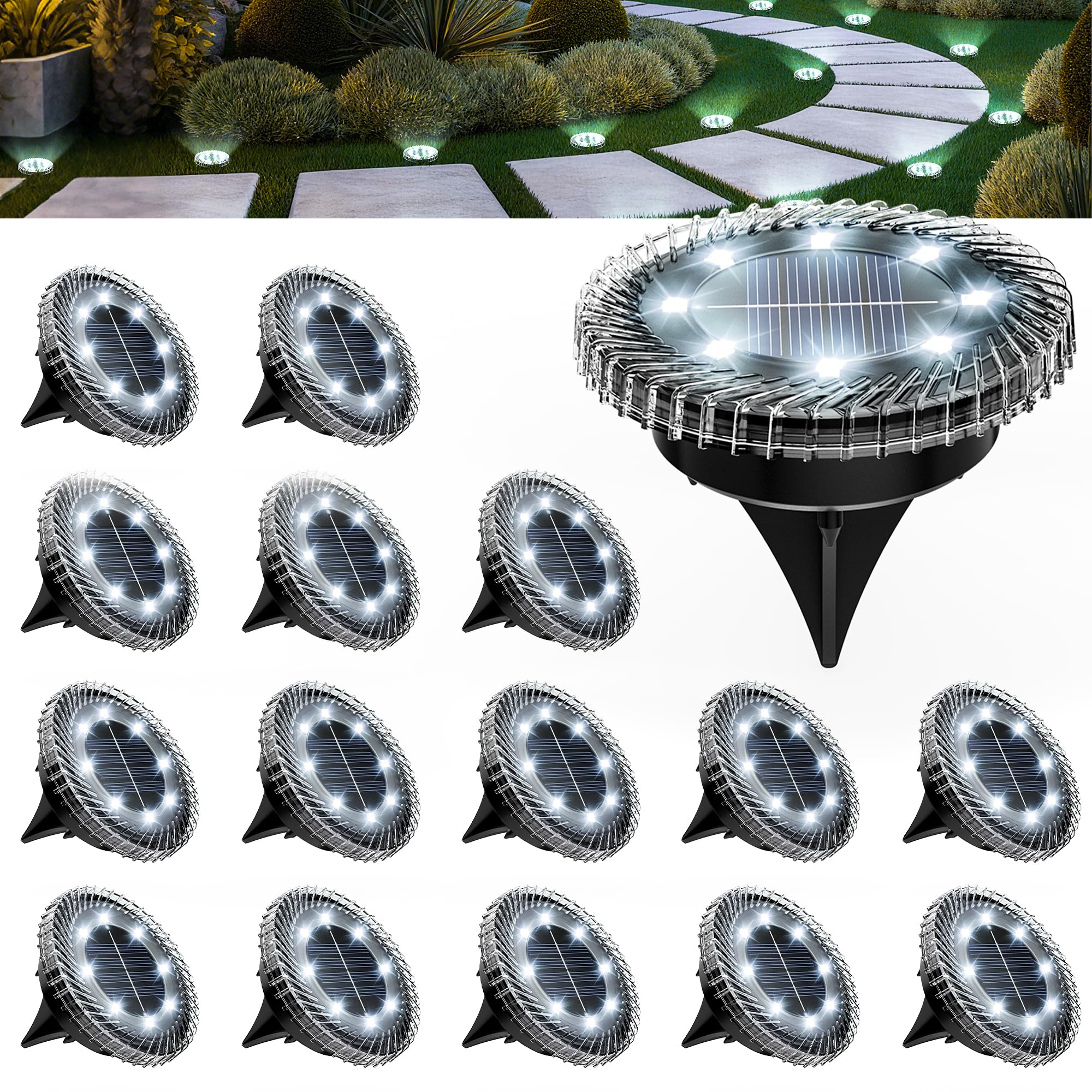 PATIOWIN 16 Pack Small Solar Ground Lights Pathway Lights Waterproof Outdoor Solar Light for Garden Driveway Walkway Backyard