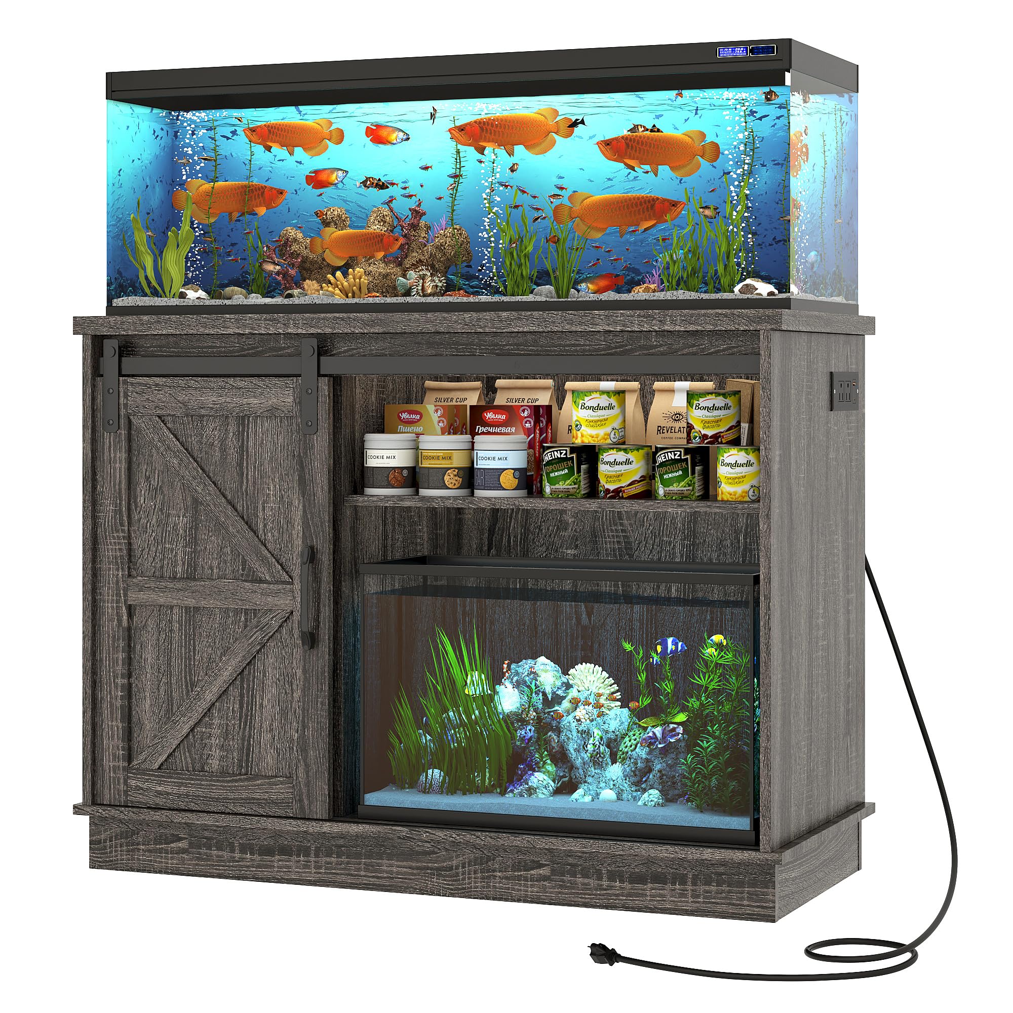 Hlivelood Farmhouse 30-40 Gallon Fish Tank Stand with Power Outlet, Grey
