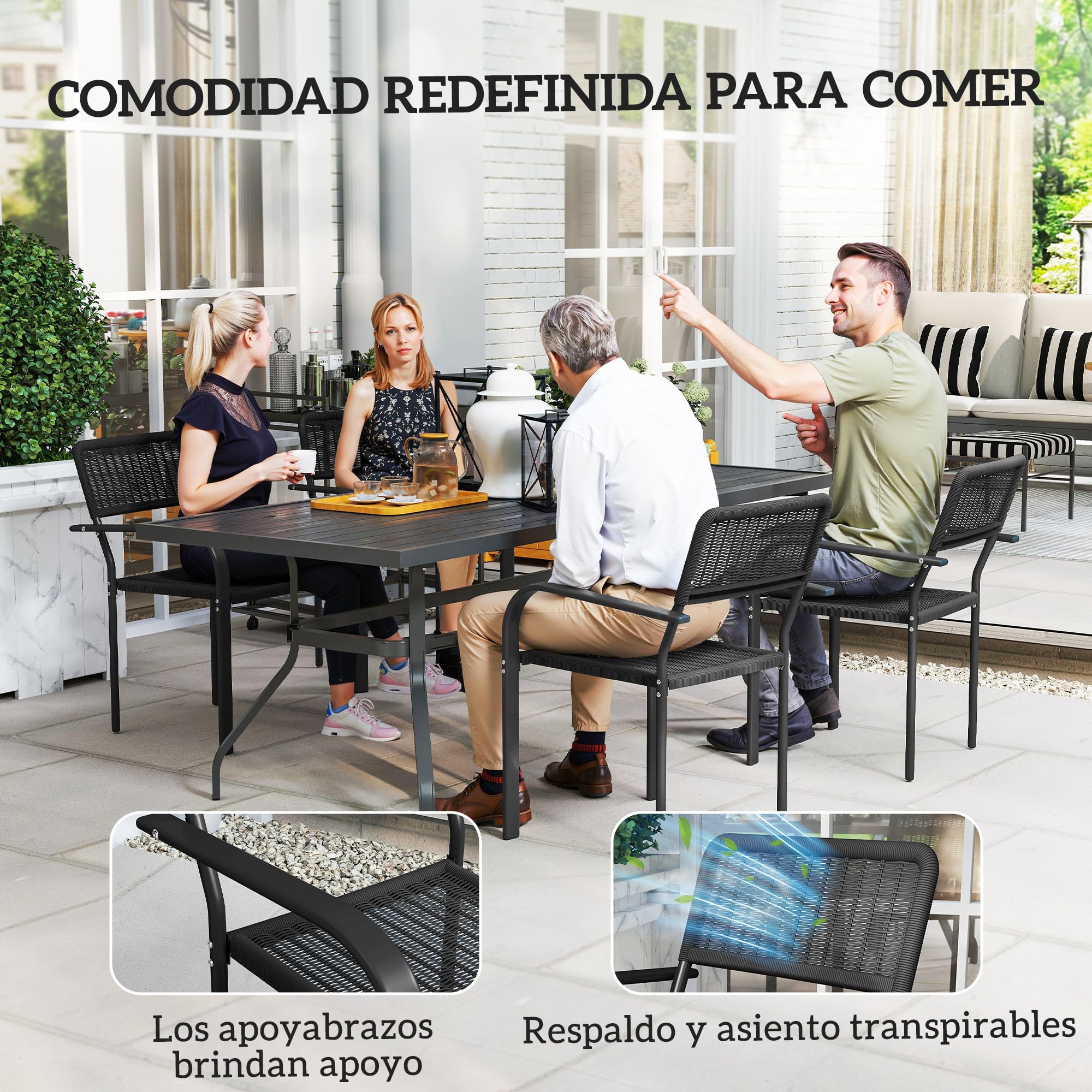 Outsunny Juego de 4 Sillas de Jardín Exterior Apilables, Sillas de Comedor Exterior Efecto Ratán, con Reposabrazos, Marco de Acero, Resistente a la Intemperie y Ligero, 55x60x83 cm, Negro