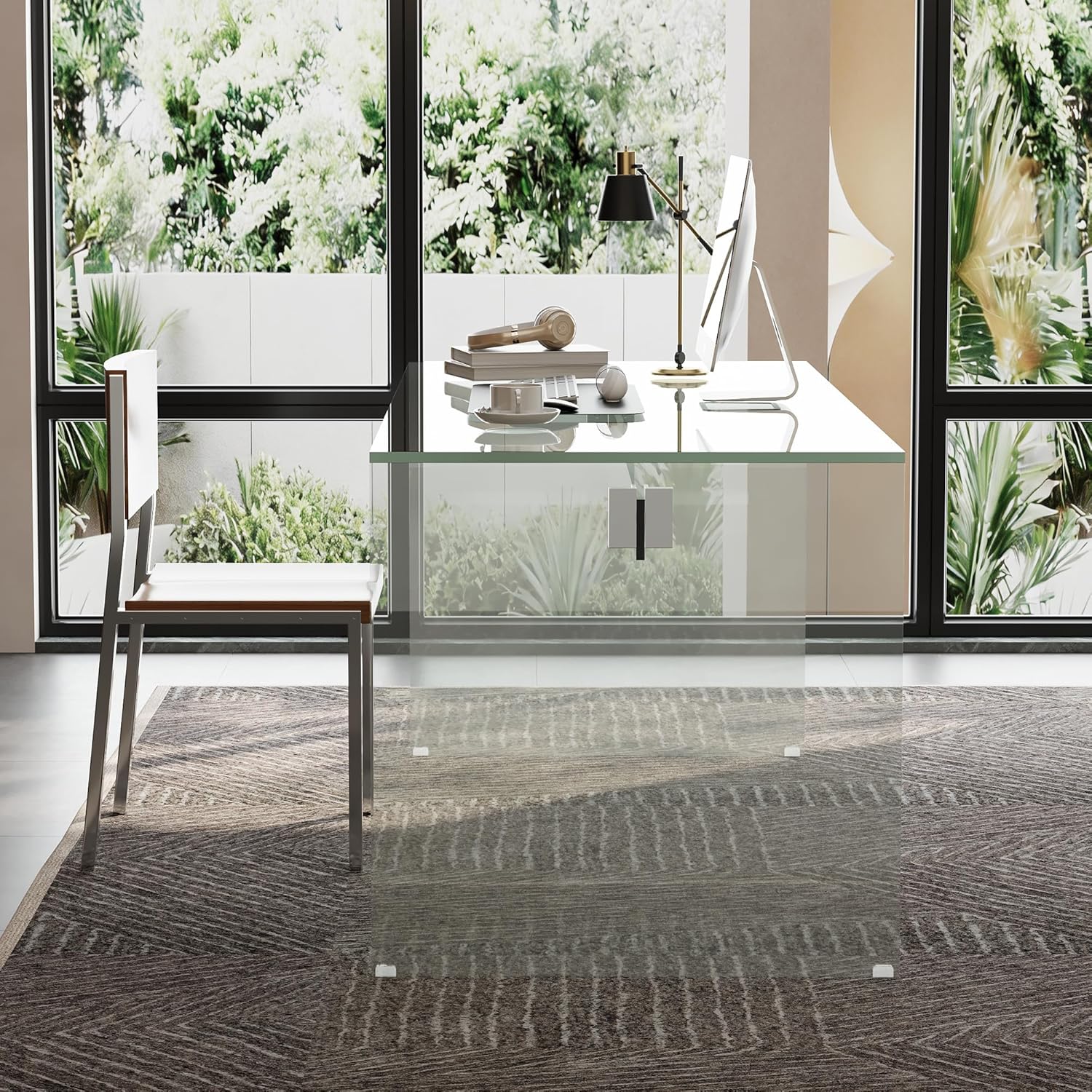 53.14” Rectangular Tempered Glass Desk, Modern Clear Glass Table for Office, Home Workspace, Living Room, or Study