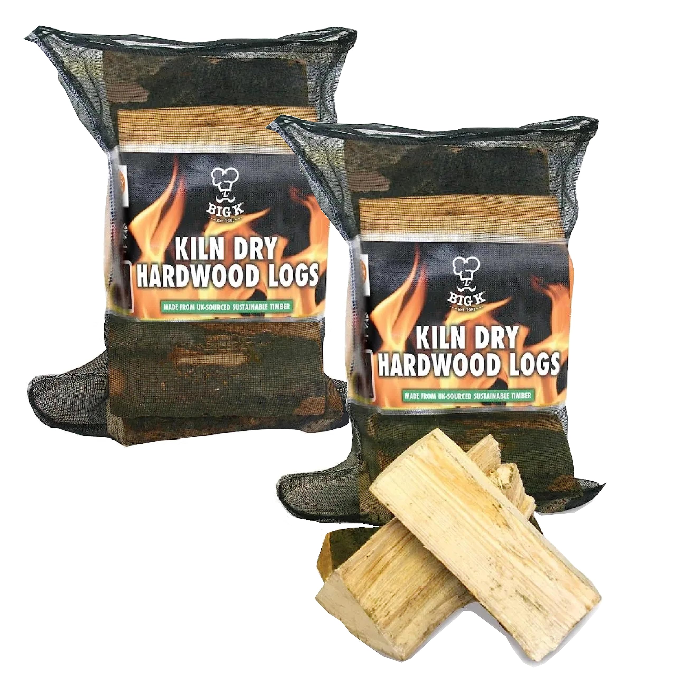 Big K Kiln Dried Hardwood Logs - Pack of 2 Easy to Light Long Burning Campfire Wood Fire Logs for Fire Pit, BBQ and Pizza Oven with Topline Card, Approx. 12kg