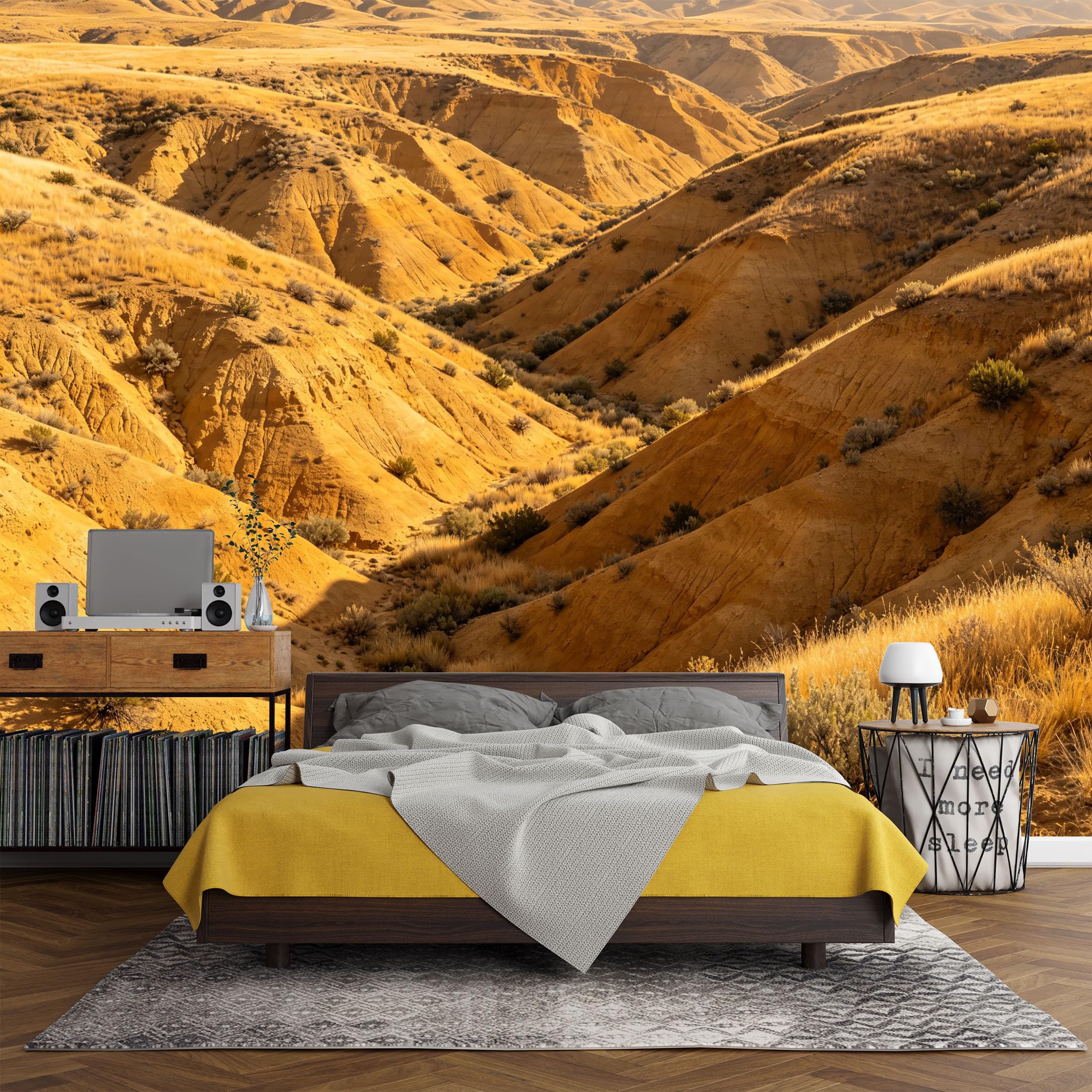Custom Size Wall Mural， Desert Canyon Landscape Golden Sand Dunes with Dry Bushes Natural Scenery，SelfAdhesive Art Prints wall Fabric(No PVC) Removable Wallpaper Living Room Decor