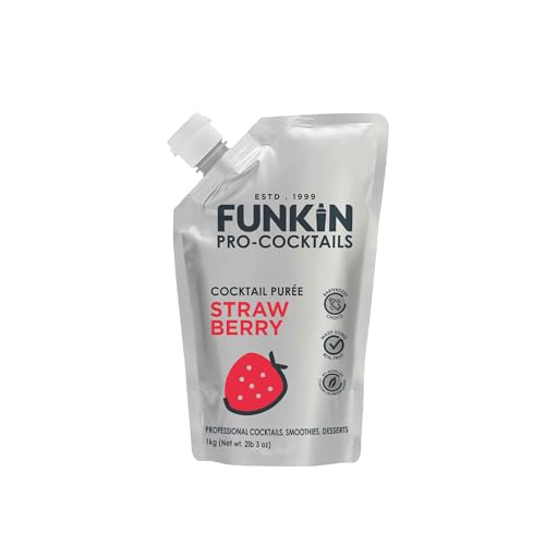 FUNKIN Strawberry Puree Cocktail Mixer | Made with Real Fruit | Fresh Fruit Puree for Professional Cocktails Smoothies & Desserts | 0% ABV | Resealable Pouch | 1kg Pack of 1