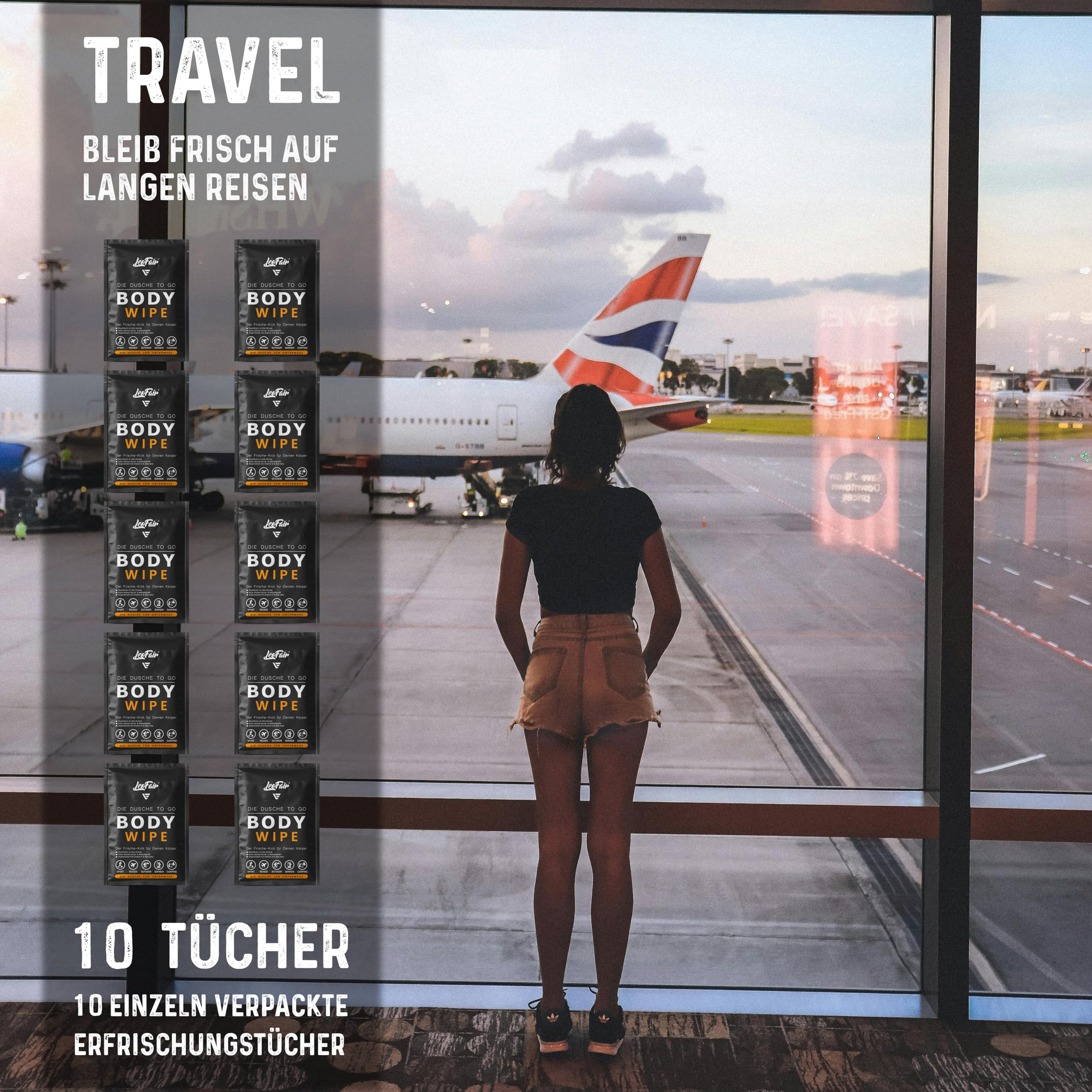 Lingettes pour le corps XXL - Lingettes humides pour les voyages, le camping, les festivals et en déplacement - 10 grandes lingettes humides emballées individuellement pour le visage et le