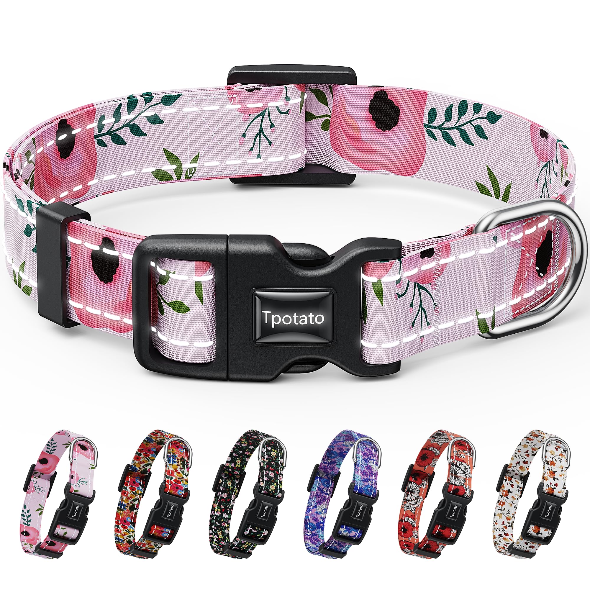 Tpotato Reflective Combination Pattern Girl Dog Collar for Puppy Small Medium Large Breed Dogs,Female Cute Floral Designer Dog Collars,Adjustable Soft