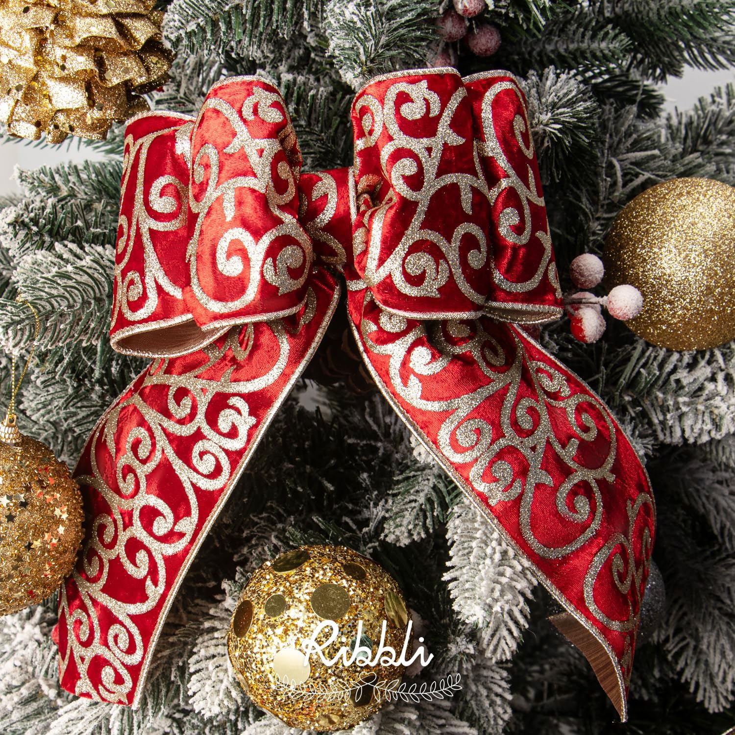 Ribbli Red Velvet Ribbon Wired with Glitter Swirl 4 Inch Christmas Ribbon for Christmas Tree Decoration Big Bow Gift Wrapping Crafts Wreaths Supplies - 10 Yards