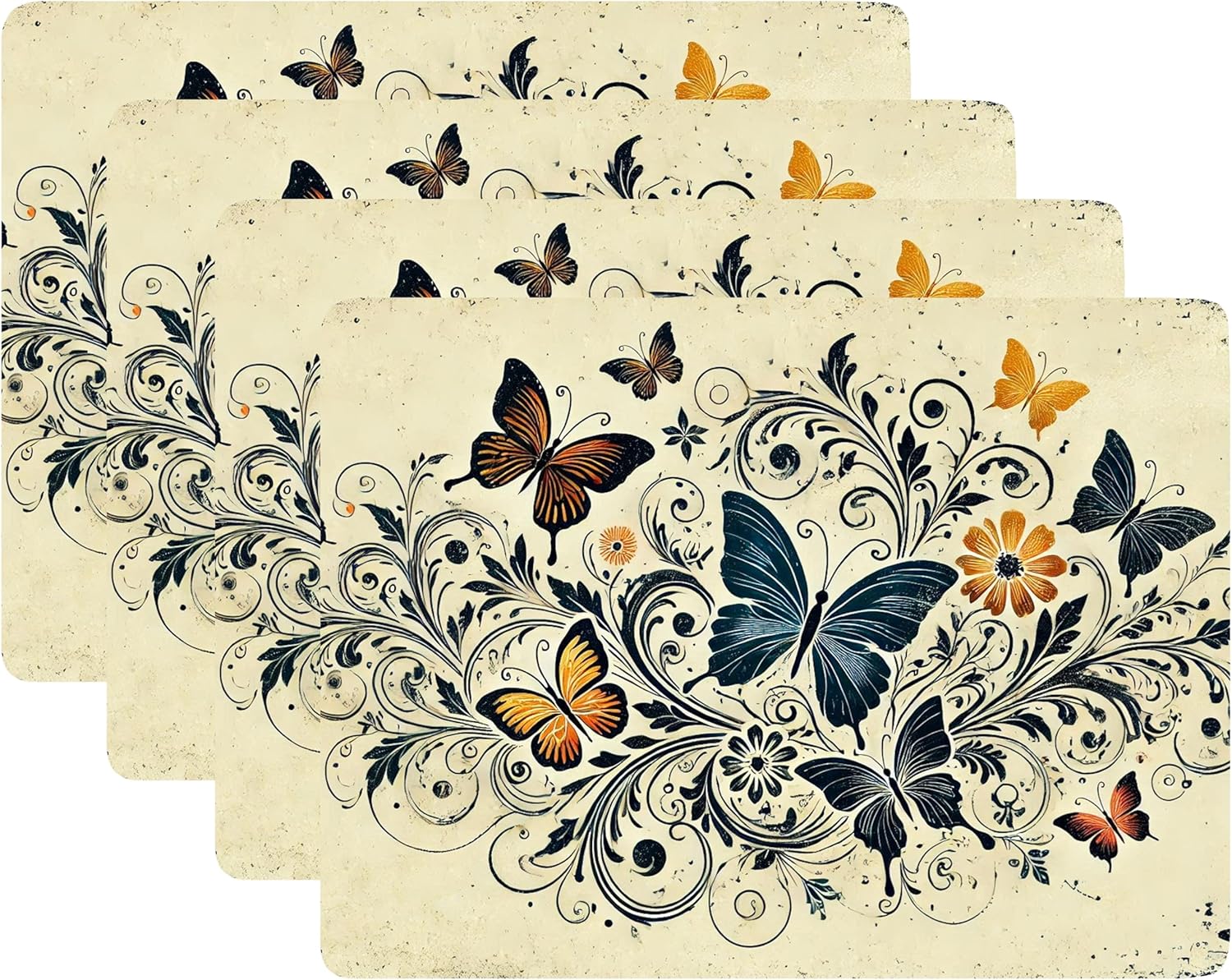 Set of 4 Cork Backed Placemat, Kitchen and Dining Table Decoration Design Hard Placemat 12" x 16" (Butterfly ~ Distressed)