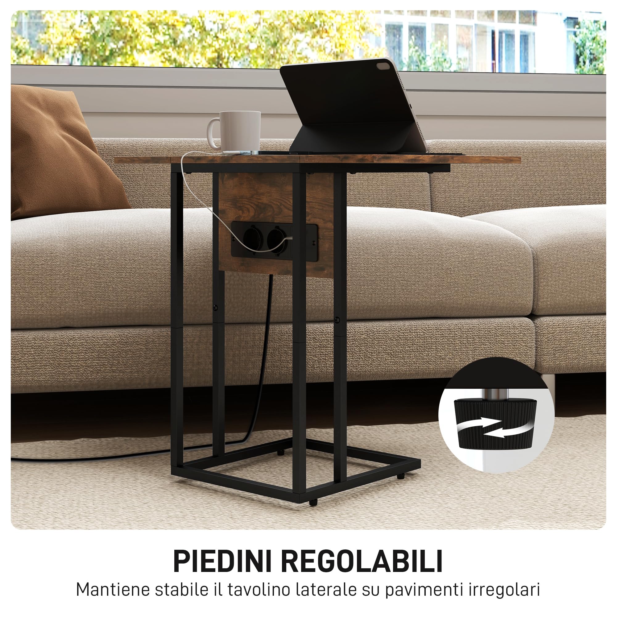 HOMCOM Mesa Auxiliar con Encimera Plegable 39x29x57 cm Marrón Rústico | Mesa Auxiliar para Sofá, Estación de Carga, Forma de C, Puerto USB y USB-C, Salón y Dormitorio