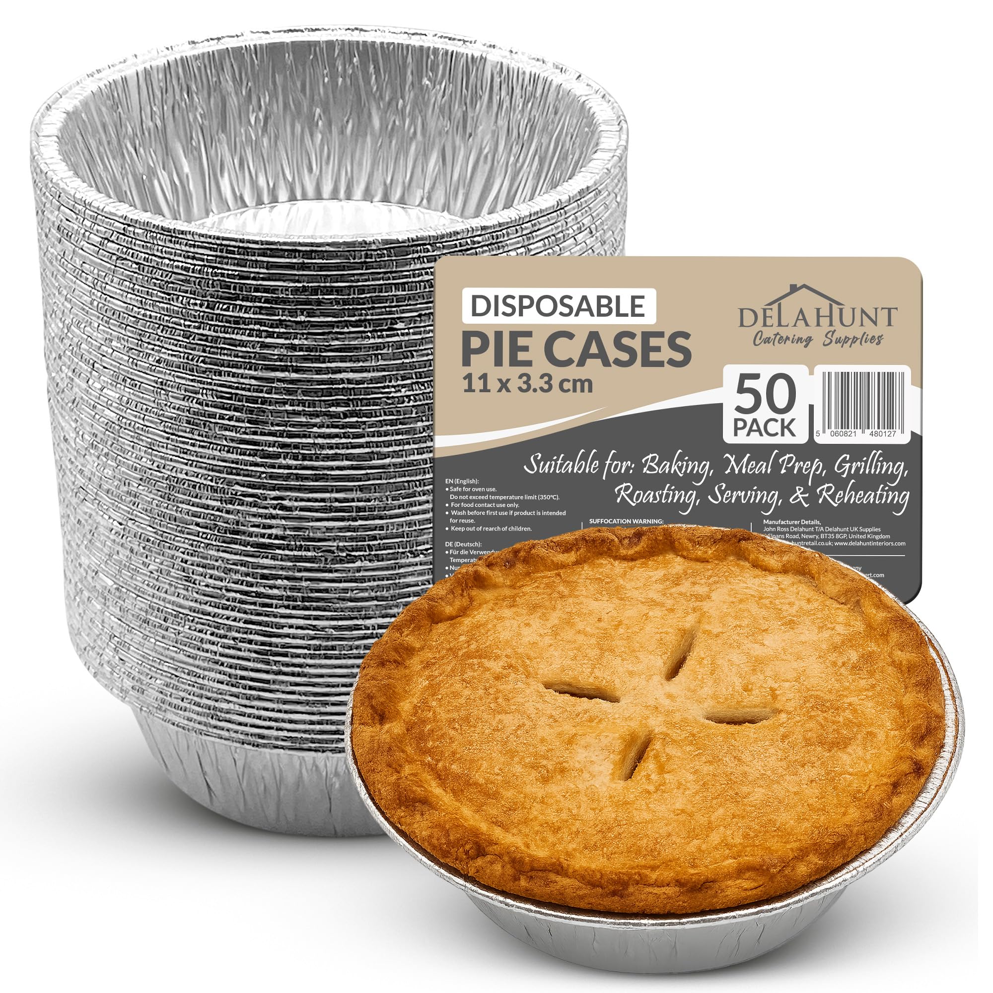 Delahunt Catering Supplies 50 Pack - Disposable Aluminium Round Ramekins Pie Foils, Foil Trays, Cases for Baking, Roasting, Freezing, Storage, Cooking, Desserts 11cm x 3.3cm