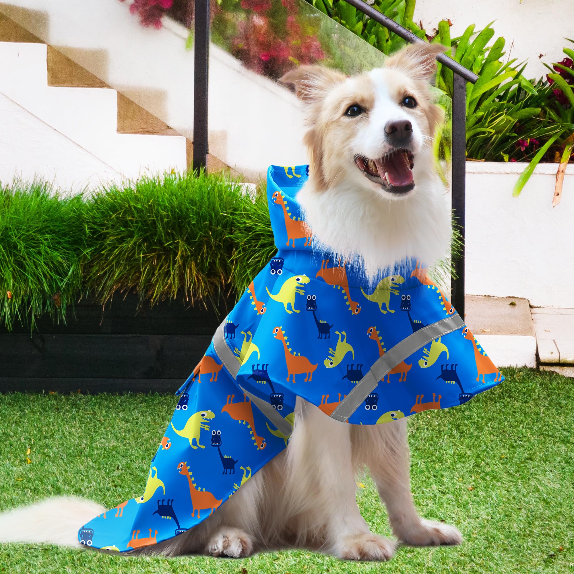 NACOCO Manteau de pluie réglable pour chien de grande taille, imperméable et léger, poncho à capuche avec bande réfléchissante bleu (taille M, dinosaure bleu)