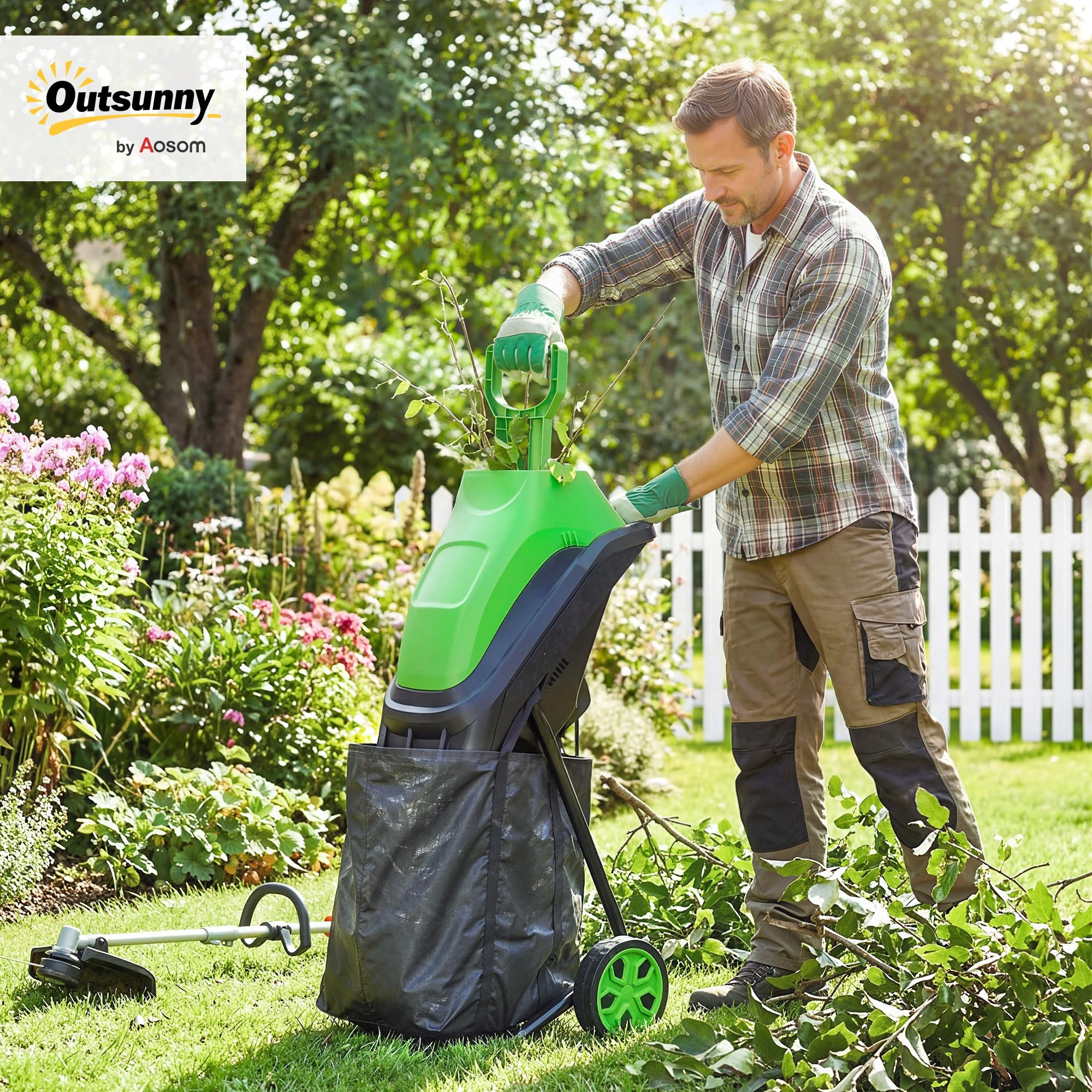 Outsunny Trituradora de Ramas Eléctrica 2500W, Trituradora de Jardín con 2 Cuchillas Reversibles hasta Ø44 mm de Ramas, Bolsa de Recolección de 45L, Ruedas y Protección de Sobrecarga, Verde
