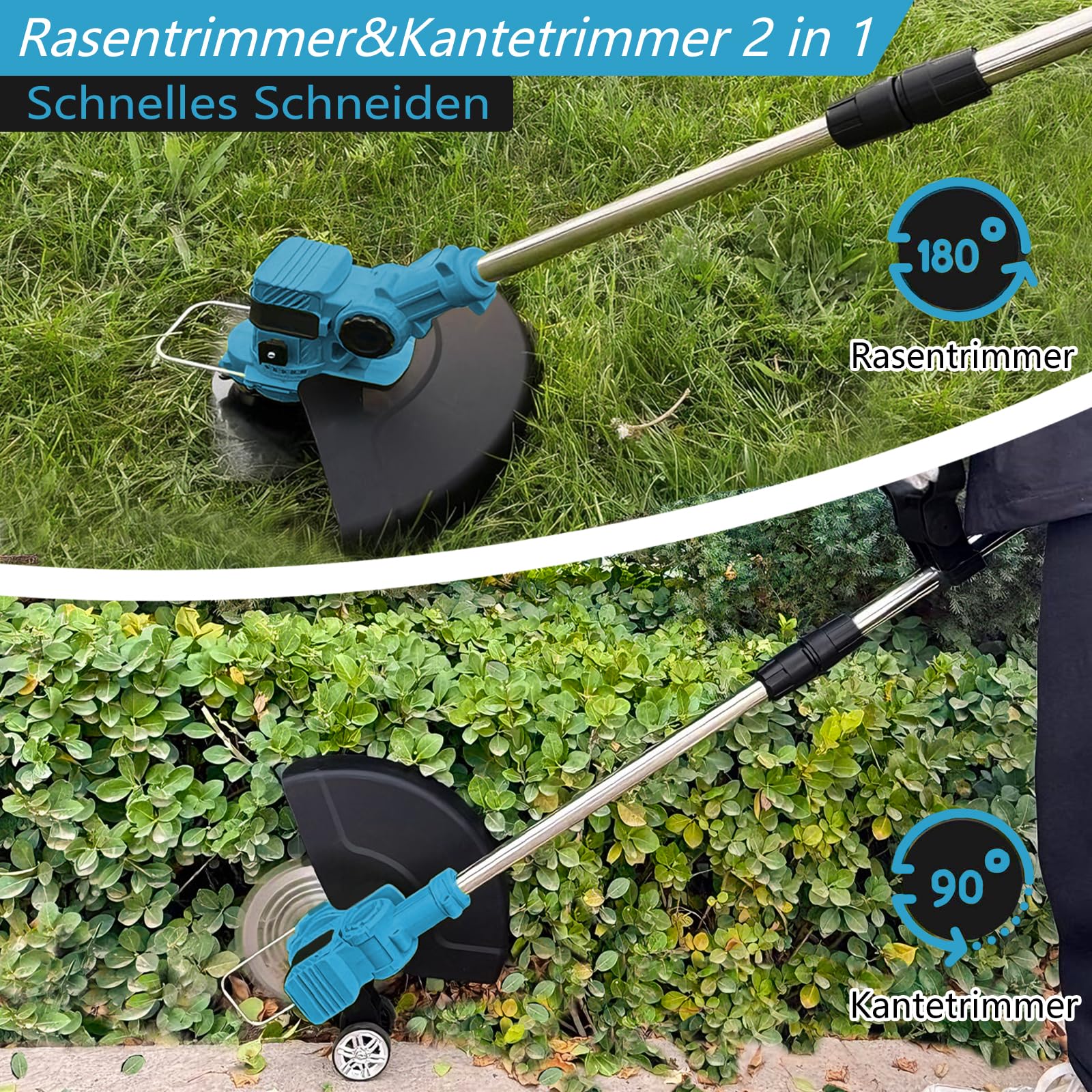 Akku Rasentrimmer für Makita Akkus, 4 in 1 Elektrischer Freischneider, mit 2 X 21V Makita Akkus & 4 Klingentypen, Rasenkantenschneider mit Verstellbarer Griff und Winkel des,für Garten und Rasen