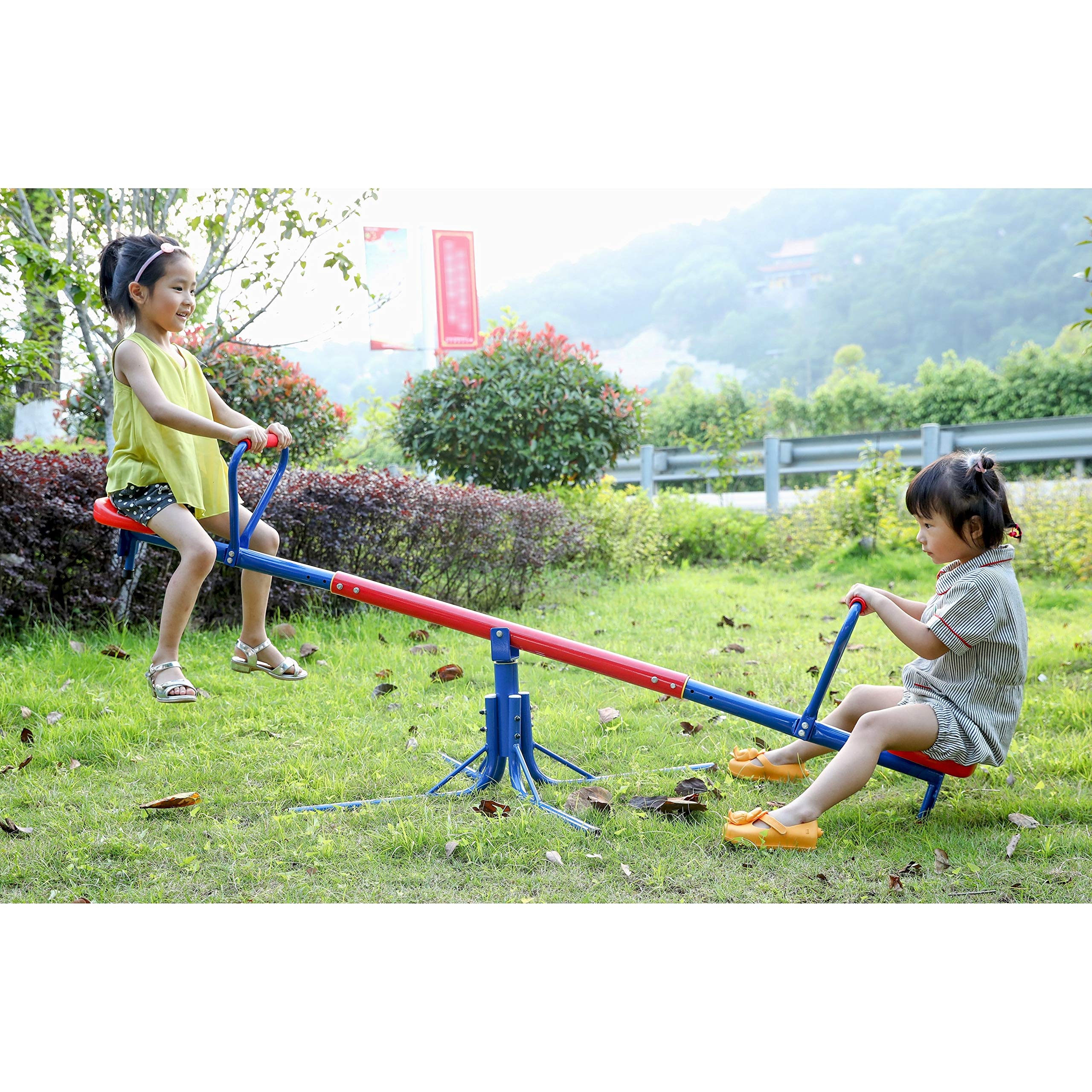 Extendable Outdoor Red and Blue Metal Rotating Seesaw Slide - Image 2