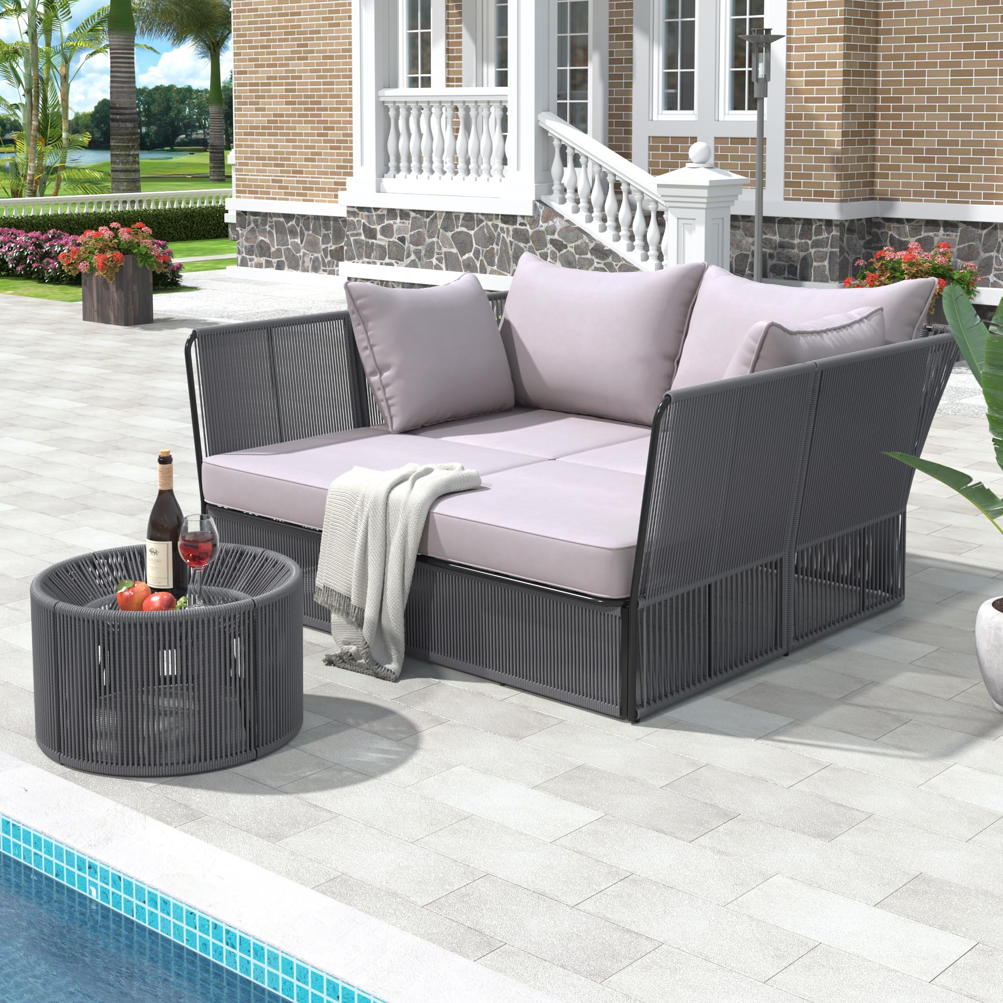 TREXM 2-Piece Outdoor Sunbed and Coffee Table Set, Patio Double Chaise Lounger Loveseat Daybed with Clear Tempered Glass Table for The Patio, Poolside (Grey Cushion + Dark Grey Rope)