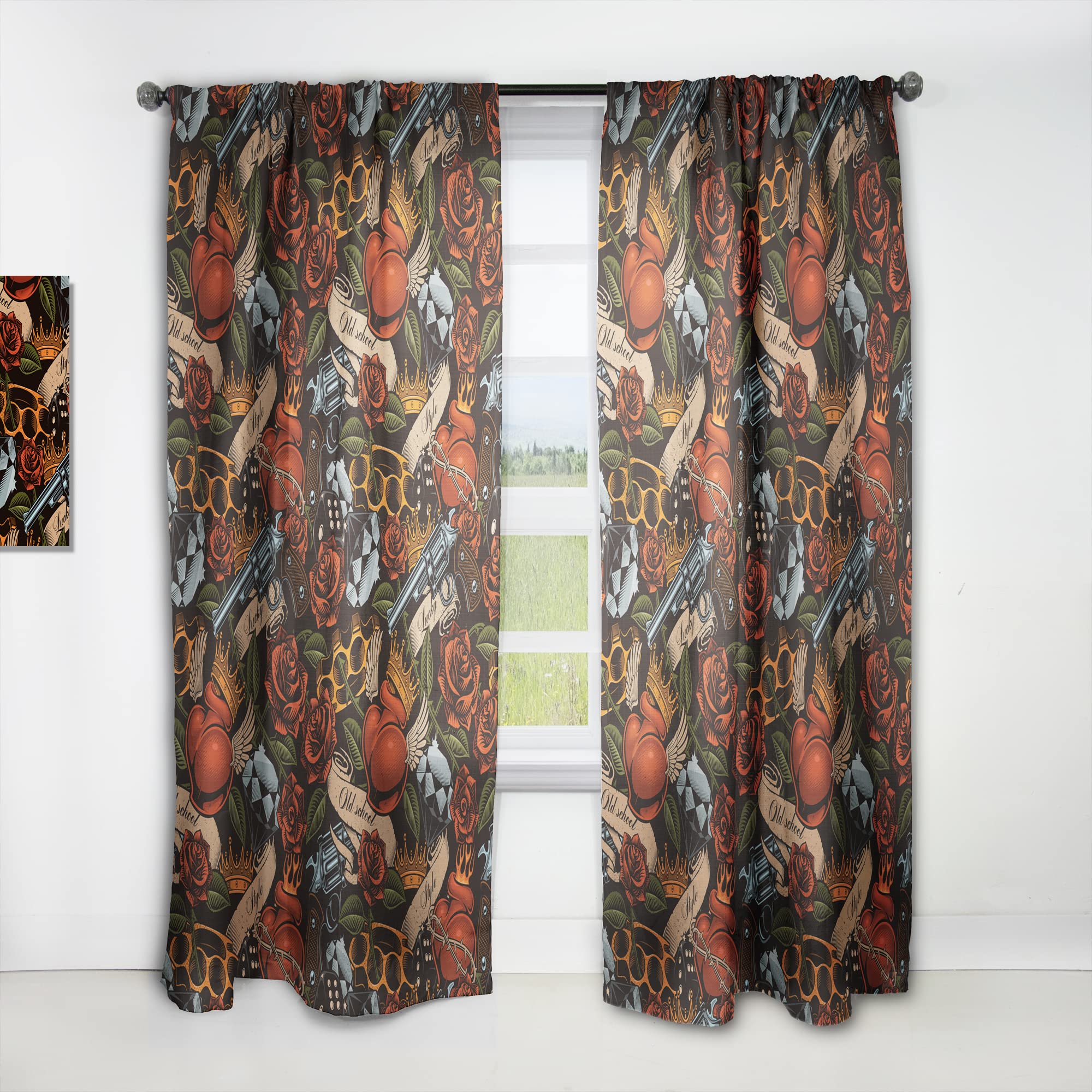 Rideaux à motif floral old school tatouage pour masquer le vis-à-vis