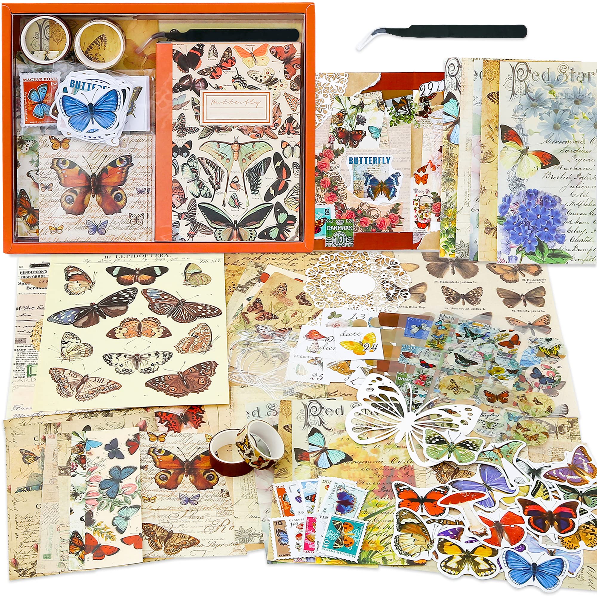 emmoolife Vintage Aesthetic Scrapbooking Supplies Kit, s Botanical Bullet Junk Journal Kit with Journaling Supplies, Tweezers, A6 Grid Notebook,Stationery,Sticker, Birthday Craft Gift for Adult: Butterfly