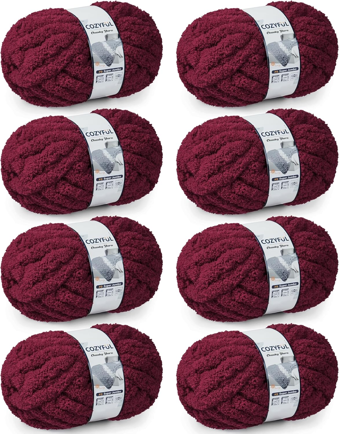 Cozyful Chunky Yarn for Hand Knitting, #9 Thick Jumbo Big Chunky Yarn for Crocheting, Super Chunky Knit Blanket Yarns, Large Chunky Chenille Yarns, 8 Pack (30 yds 8 oz Each Skein), Burgundy
