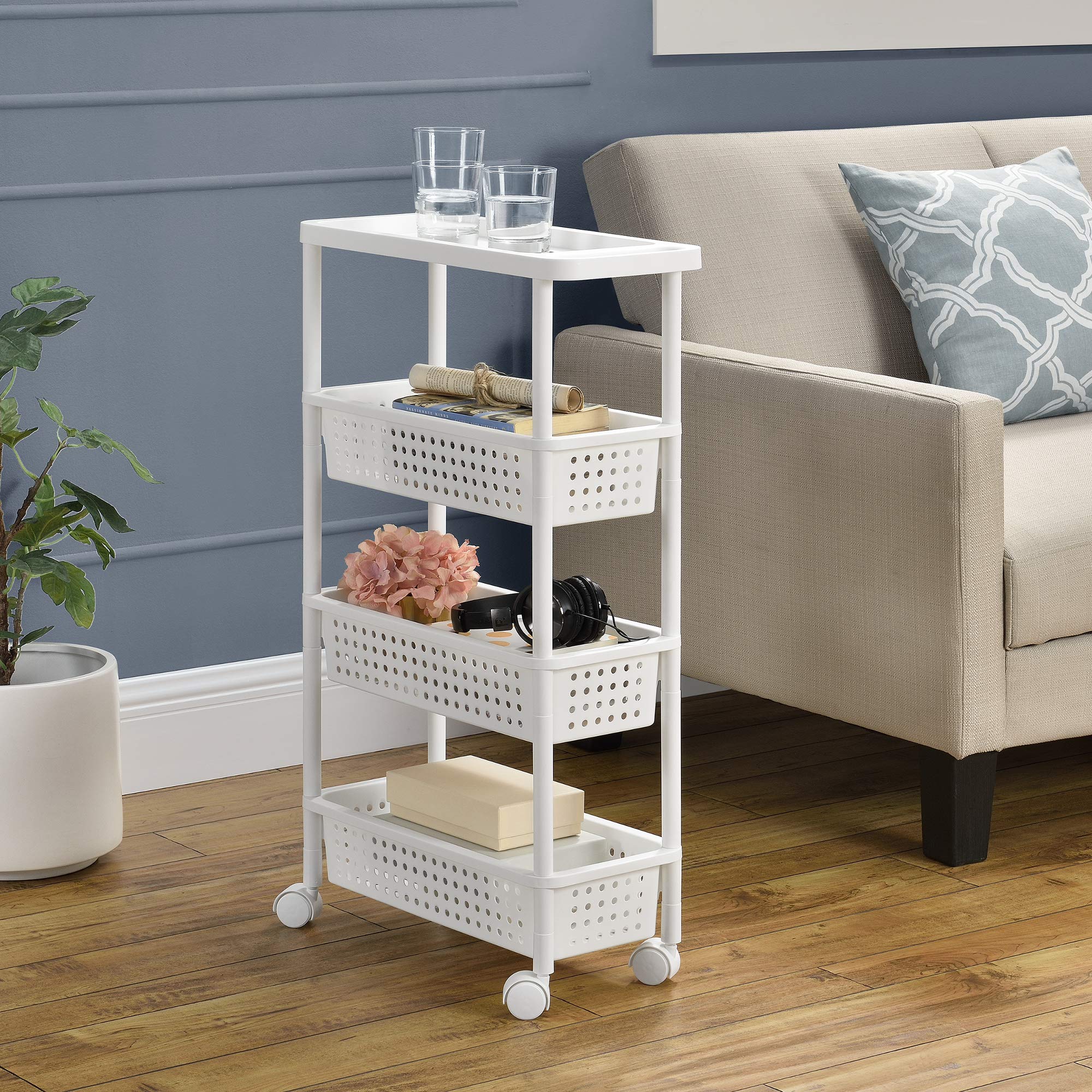 [en.casa] Carro rodante - Blanco - 100 x 22 x 48 cm - Estante de la Cocina - Carrito con Ruedas - Cesta de Almacenamiento