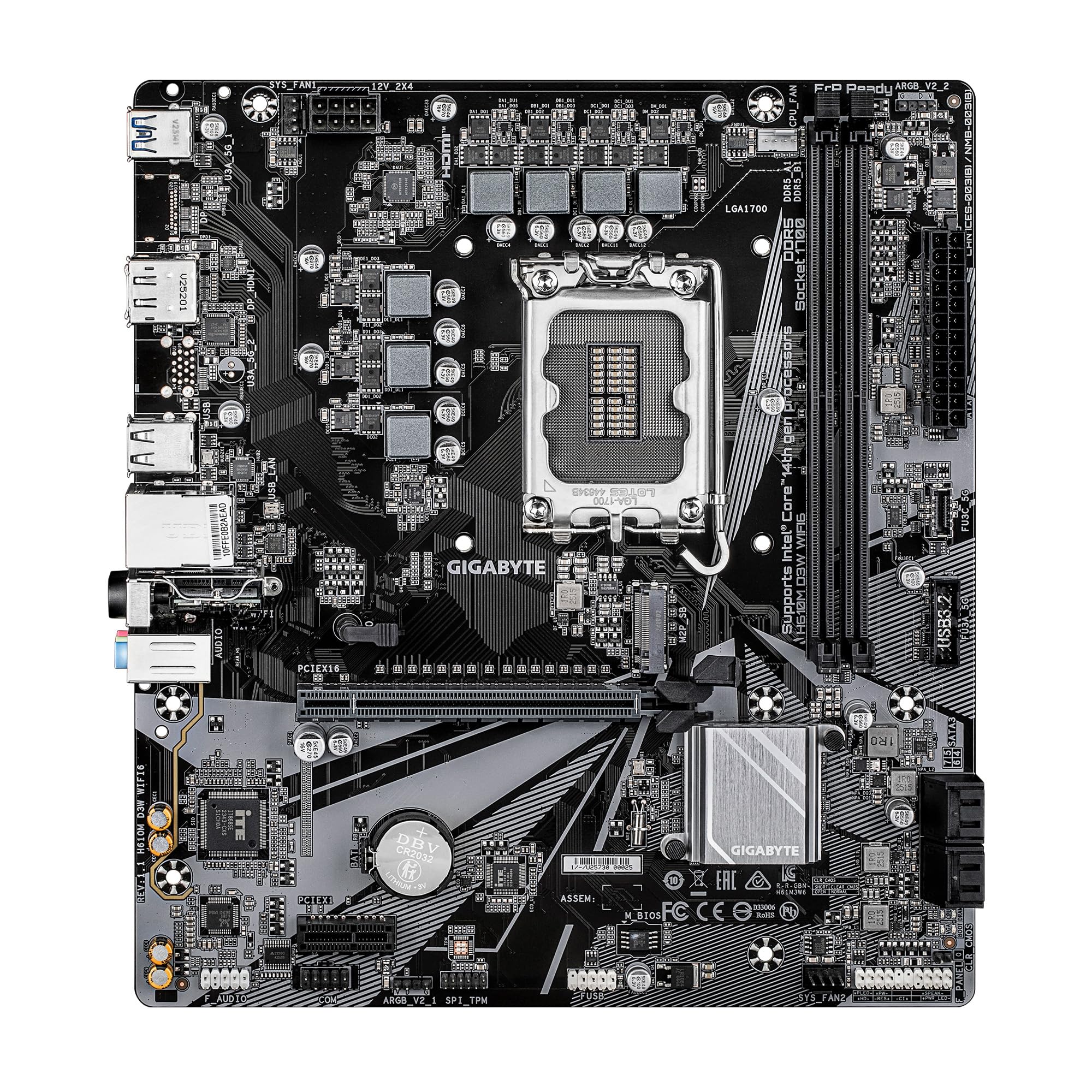 GIGABYTE Placa Base H610M D3W WIFI6 Intel LGA 1700 Micro ATX, soporta procesadores Intel de 14ª/13ª/12ª generación, Fase de alimentación 5+1+1, DDR5, 1x M.2, PCIe 4.0 x16, USB 3.2 Gen 1, WIFI6, GbE