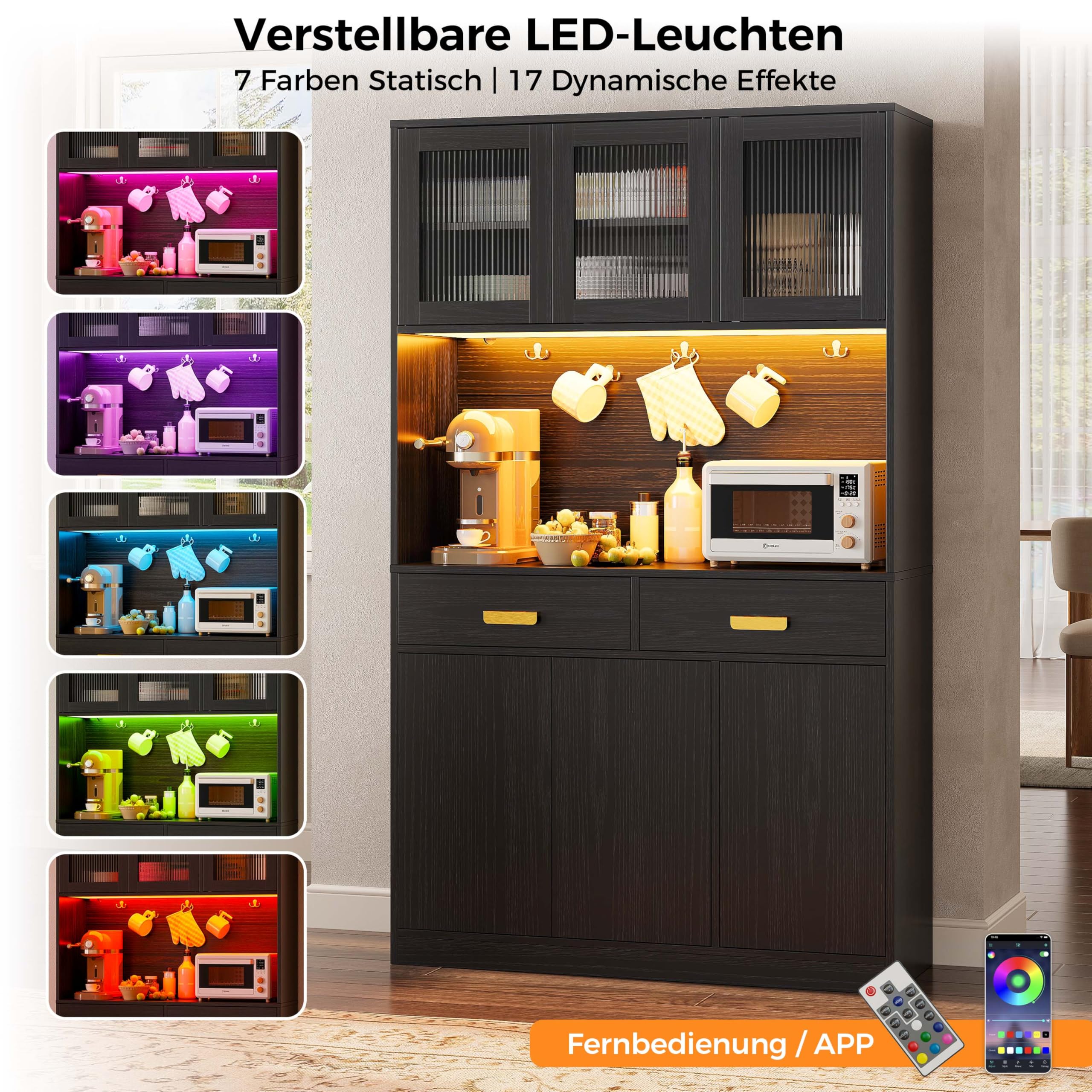IRONCK Küchenschrank mit Arbeitsplatte, Küchenbuffet mit Steckdose, Schwarz
