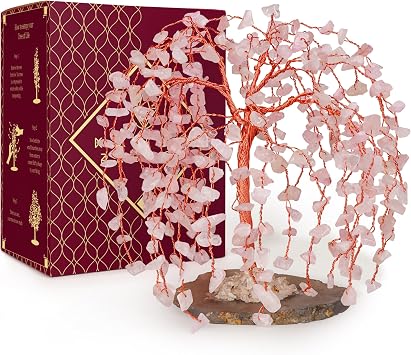 Chakra Tree of Life Birthday Gifts for Women, Home and Office Decor, Handmade Rose Quartz Crystal Tree for Money, Positivity, Reiki Healing, Spiritual Good Luck Gifts for Mom & Dad
