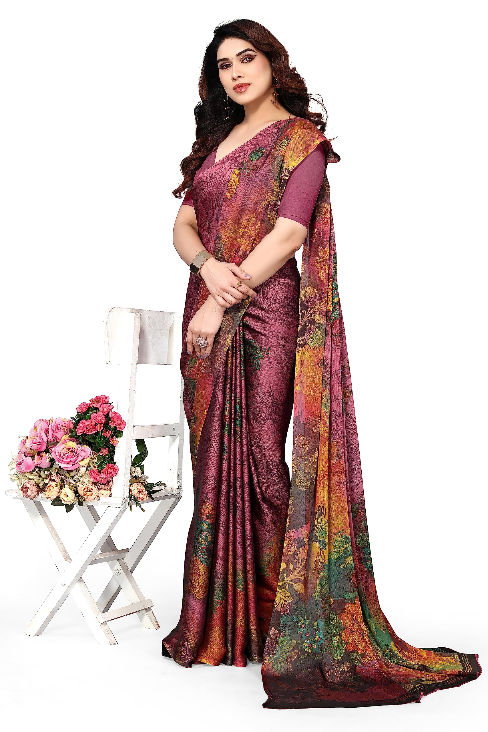 MIRCHI FASHION Women's Stylish Chiffon Floral Printed Saree with Blouse Piece, Dusty Pink, Teal, One size, Dusty Pink, Teal, One Size