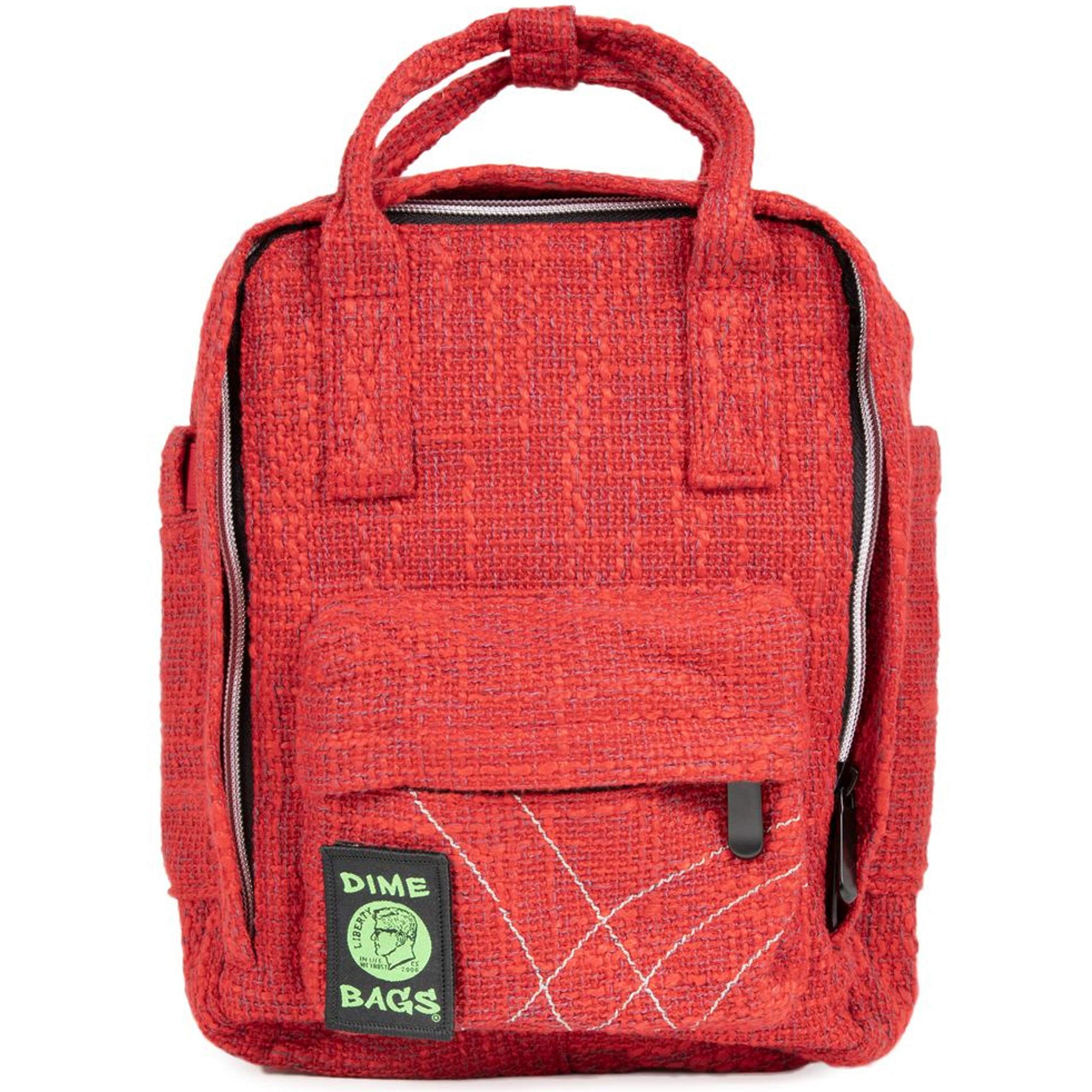 DIME BAGS Mini Backpack, Compact Lightweight Everyday Travel Bag with 7 Pockets, Durable Hempster Material, Adjustable Straps & Top Handle, Water Bottle Holders & Interchangeable Patch (Red)