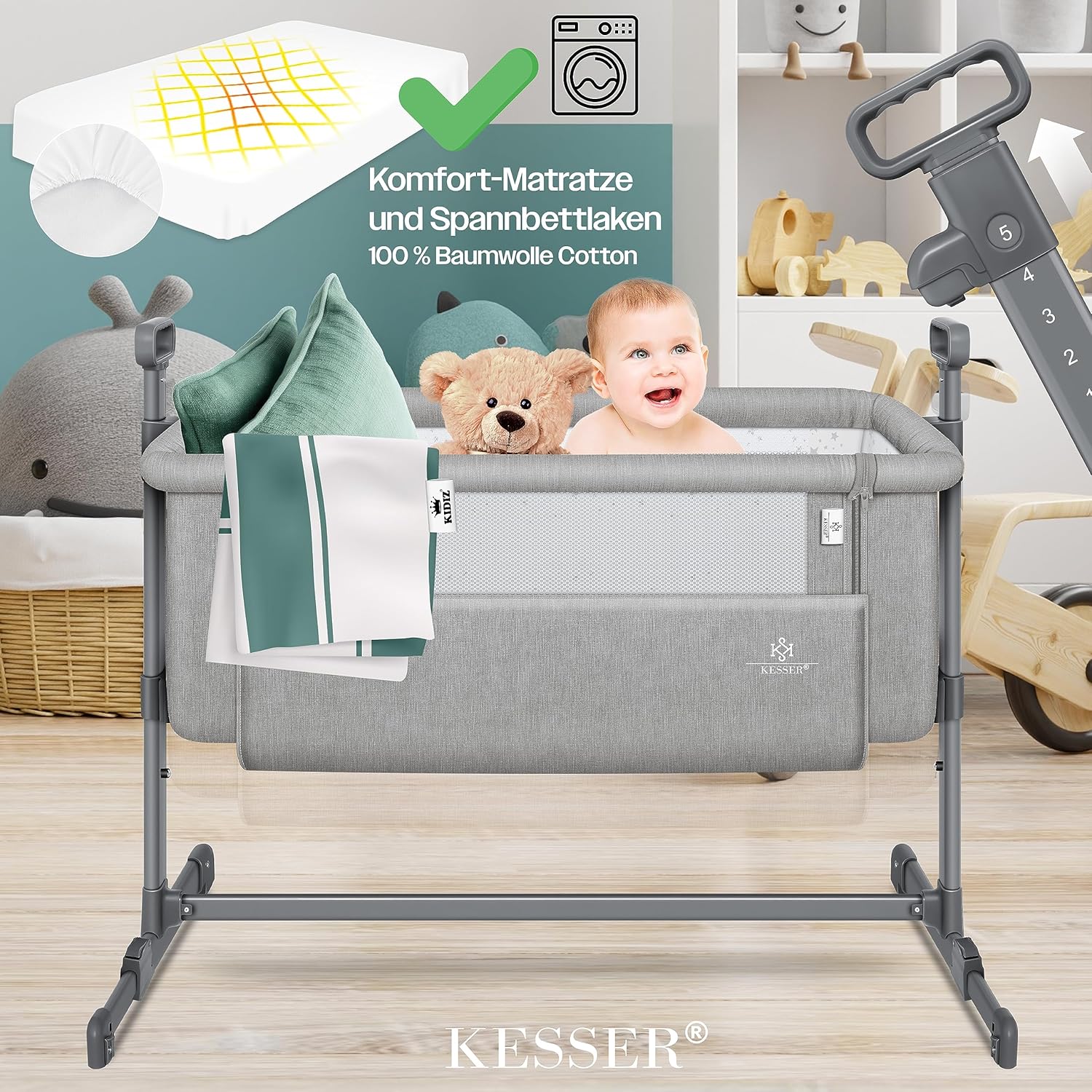 KESSER® Hubi 3in1 Baby Bed Travel Cot with Soft Mattress with Wheels, 5-Way Height Adjustment, Folding Side Wall for Home and on the Go