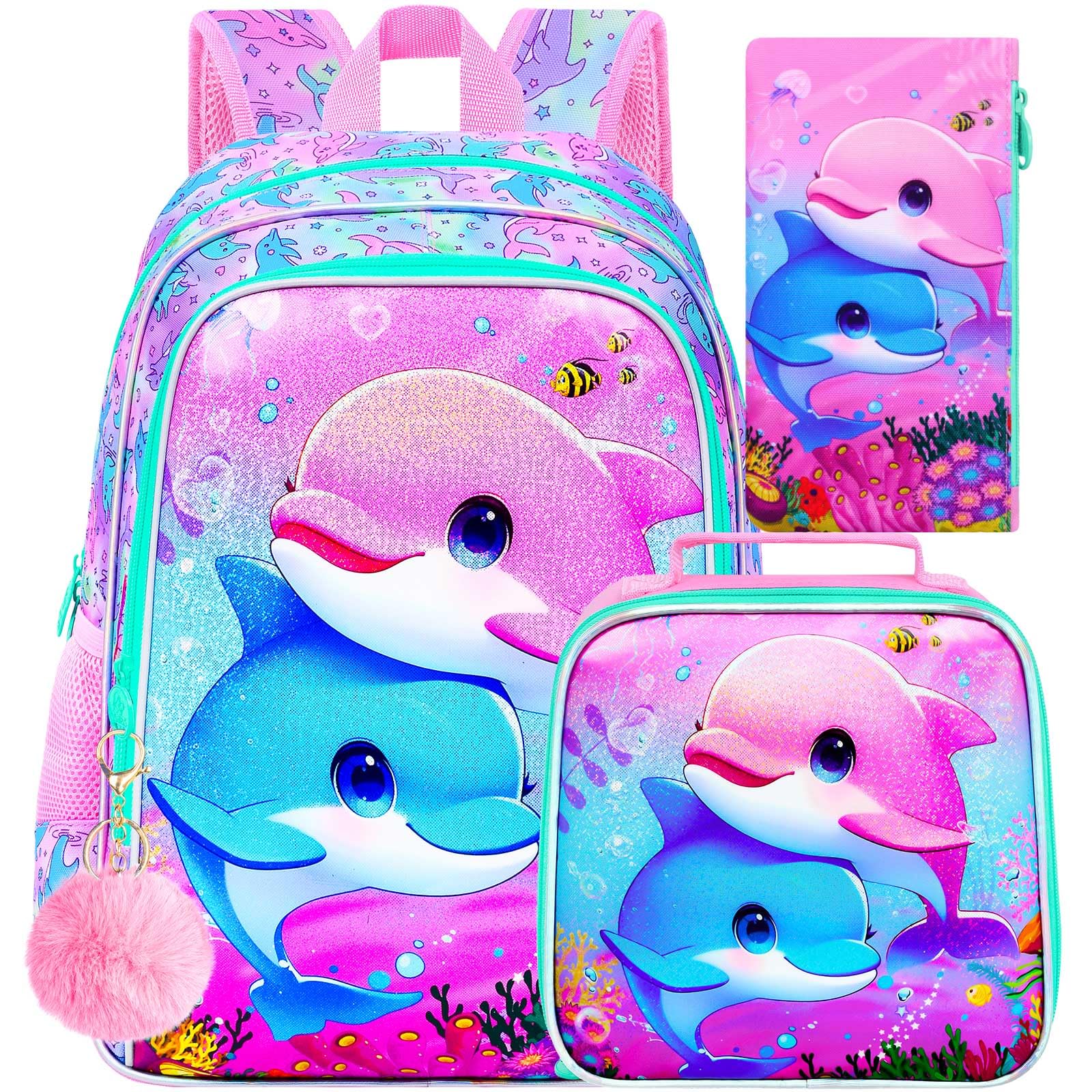 UFNDC 3PCS Dolphin Bookbag for Girls, 16" Kids Backpack with Lunch Box, Water Resistant School Bag for Elementary Preschool Toddler