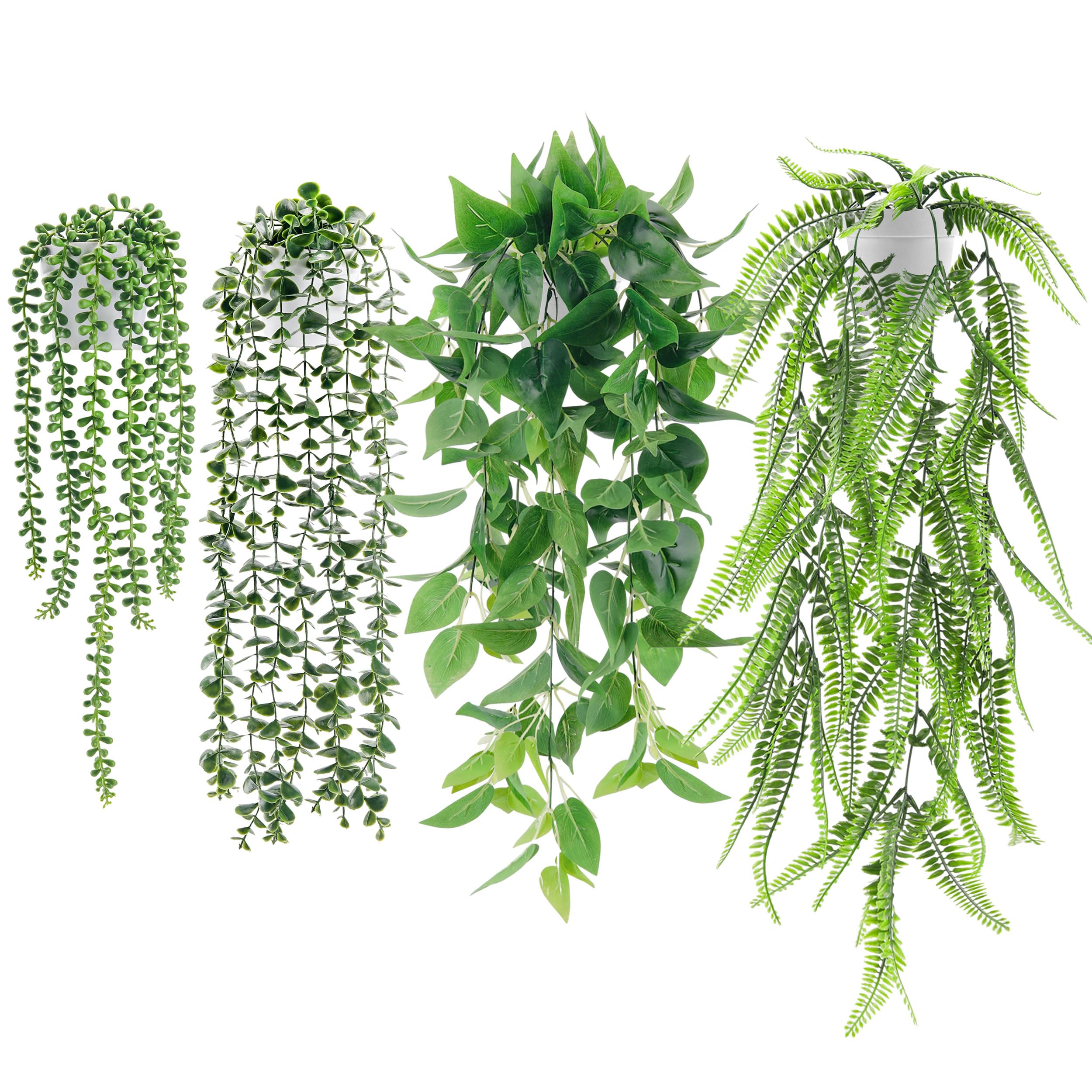 Der Rose 4 Stück Künstliche Pflanzen Hängend Wie Echt Fake Eukalyptus Artificial Plants, Boston-Farnen, Perlenkette für Wohnzimmer, Zimmer, Wand, Innen- und Außenbereich Deko Aesthetic (Weiß)