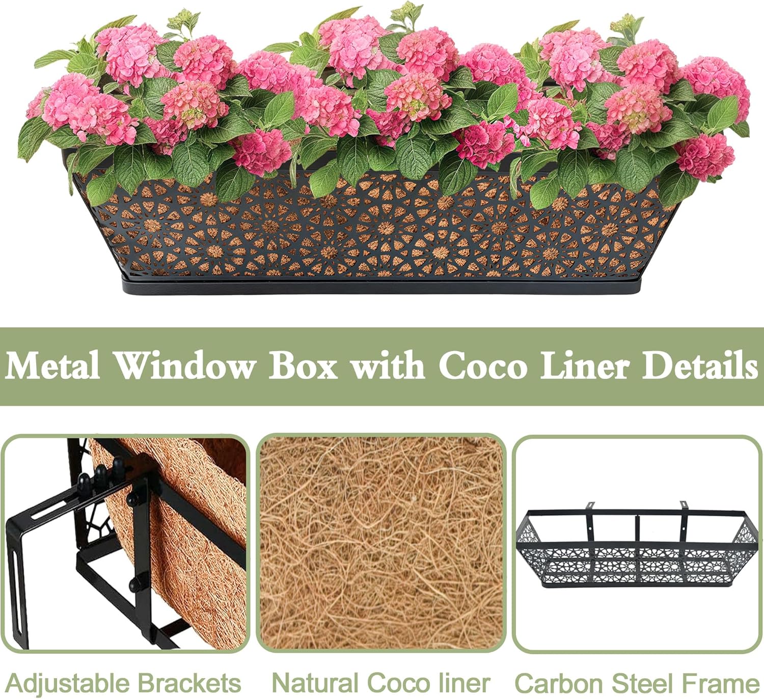 Black Metal Railing Planter Window Box (2 Pack, 24 Inch) Horse Trough Planter with Coco Fiber Liner Deck Balcony Rail Planters for Porch Fence Patio Outdoor Garden Décor