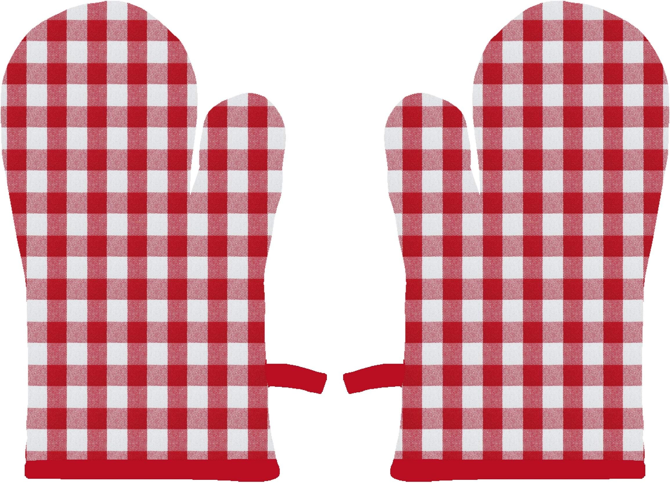 100% Heat Resistance, Checkered Designed Kitchen Oven Mitts (Gloves) (Red, Pack of 2)